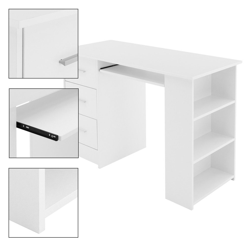 ML-DESIGN Schreibtisch Bürotisch mit 3 Schubladen, 3 Regale und Tastaturauszug Computertisch, Homeoffice Büromöbel Arbeitstisch Laptoptisch PC Tisch viel Staura – Bild 3 von 5