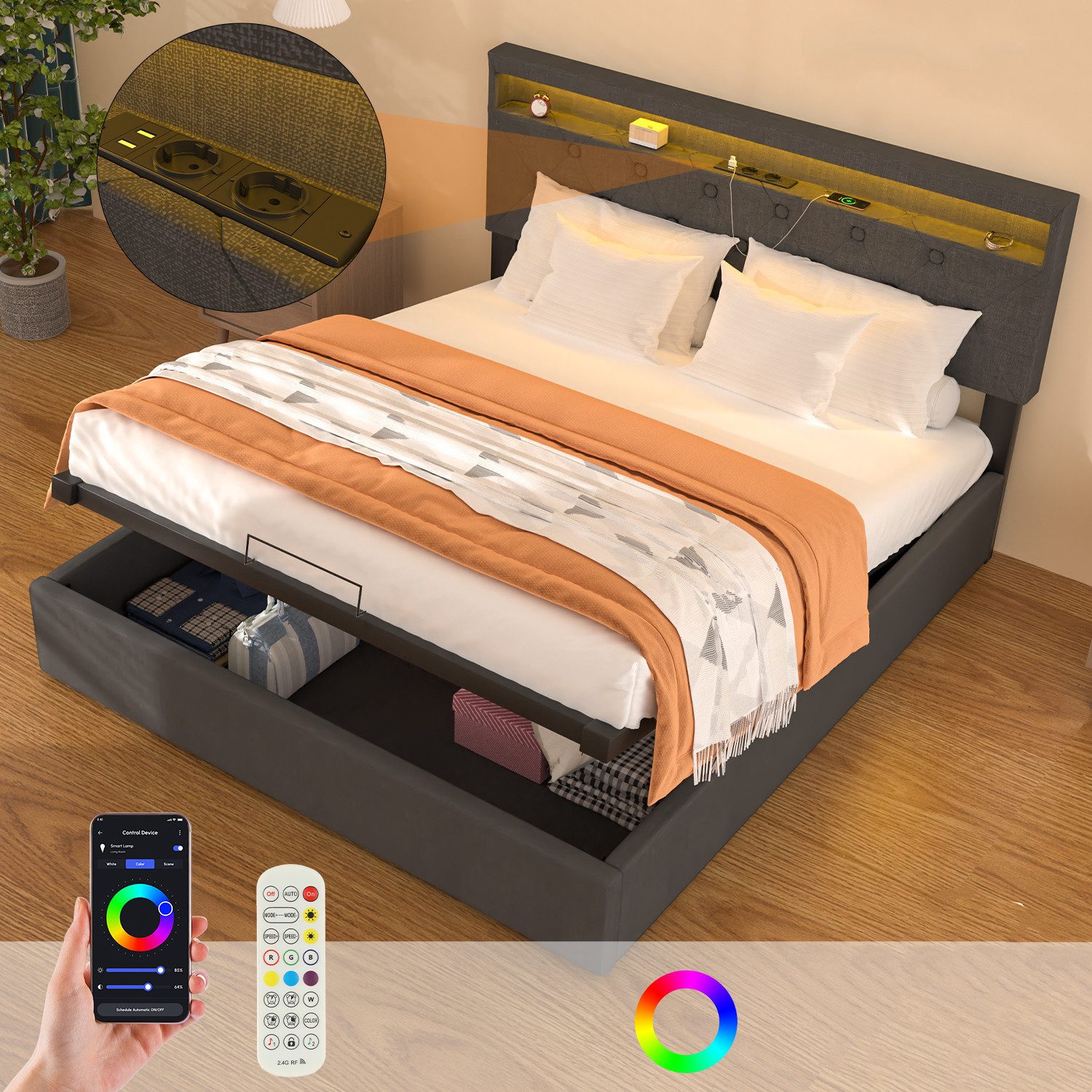 oyajia Stauraumbett LED hydraulisches Doppelbett (Leinenmaterial Polsterbett mit mit Lattenrost und Ladefunktion), Typ-C, USB-A, 2 Steckdosen,mit RGB Beleuchtung