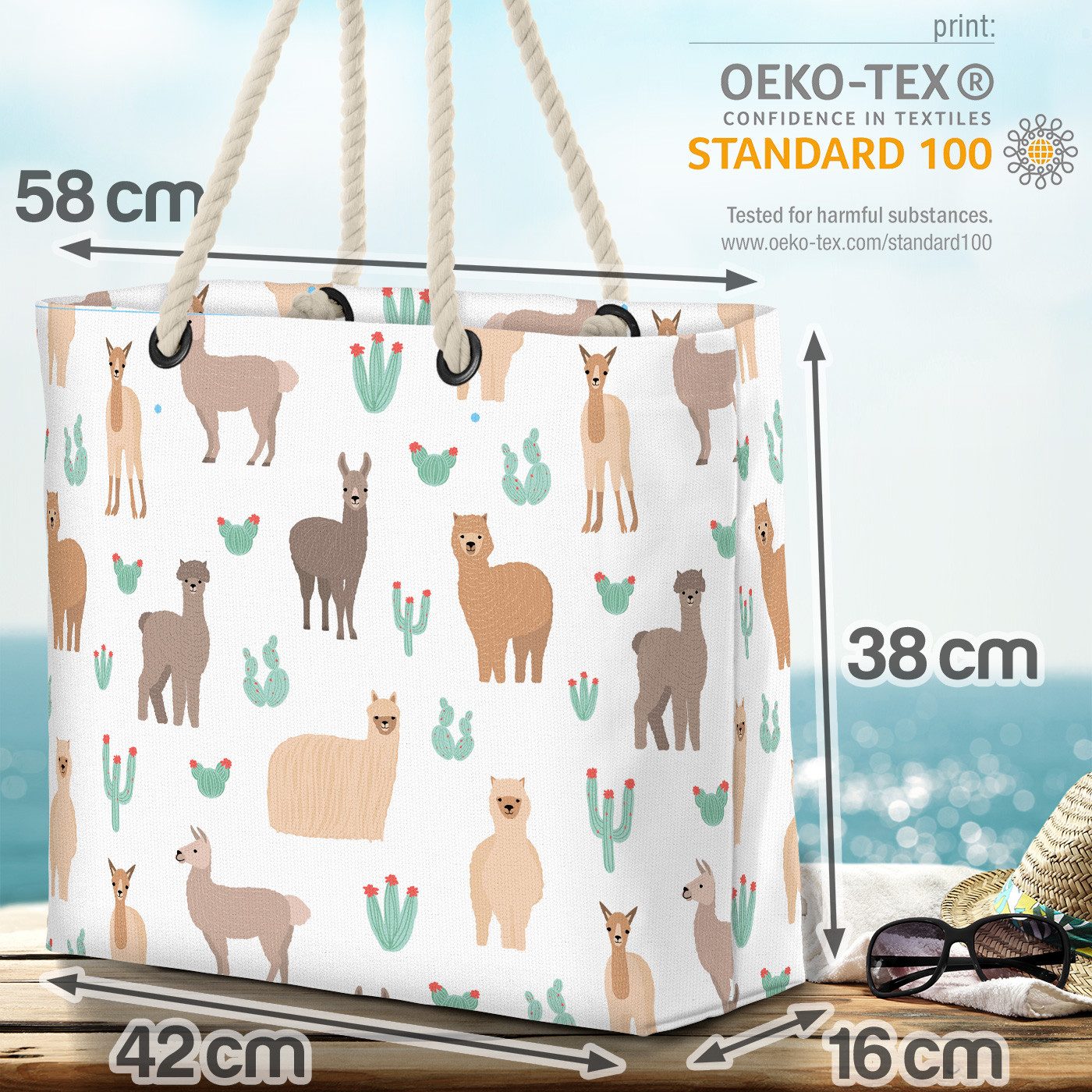 VOID Strandtasche (1-tlg), Lamas und Kakteen Beach Bag Ilama Kaktus Alpaca Samen Pferd Tiere Hau
