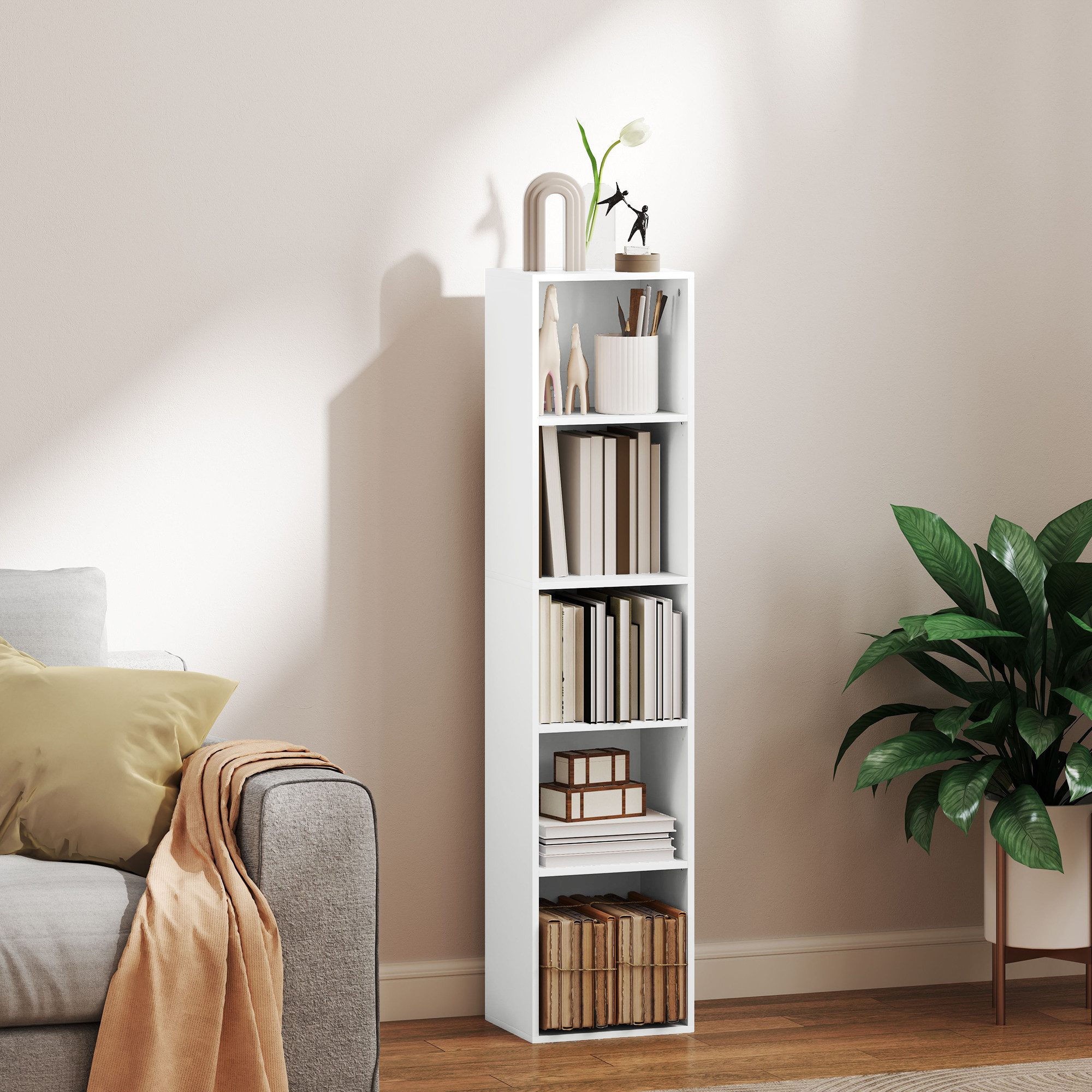 HOMCOM Bücherregal Regal mit 5 Ebenen, Aufbewahrungsregal mit Verstellbare Ablage, Aktenregal für Wohnzimmer, Schlafzimmer, Büro 1-tlg., 30 x 24 x 133,5 cm, weiß