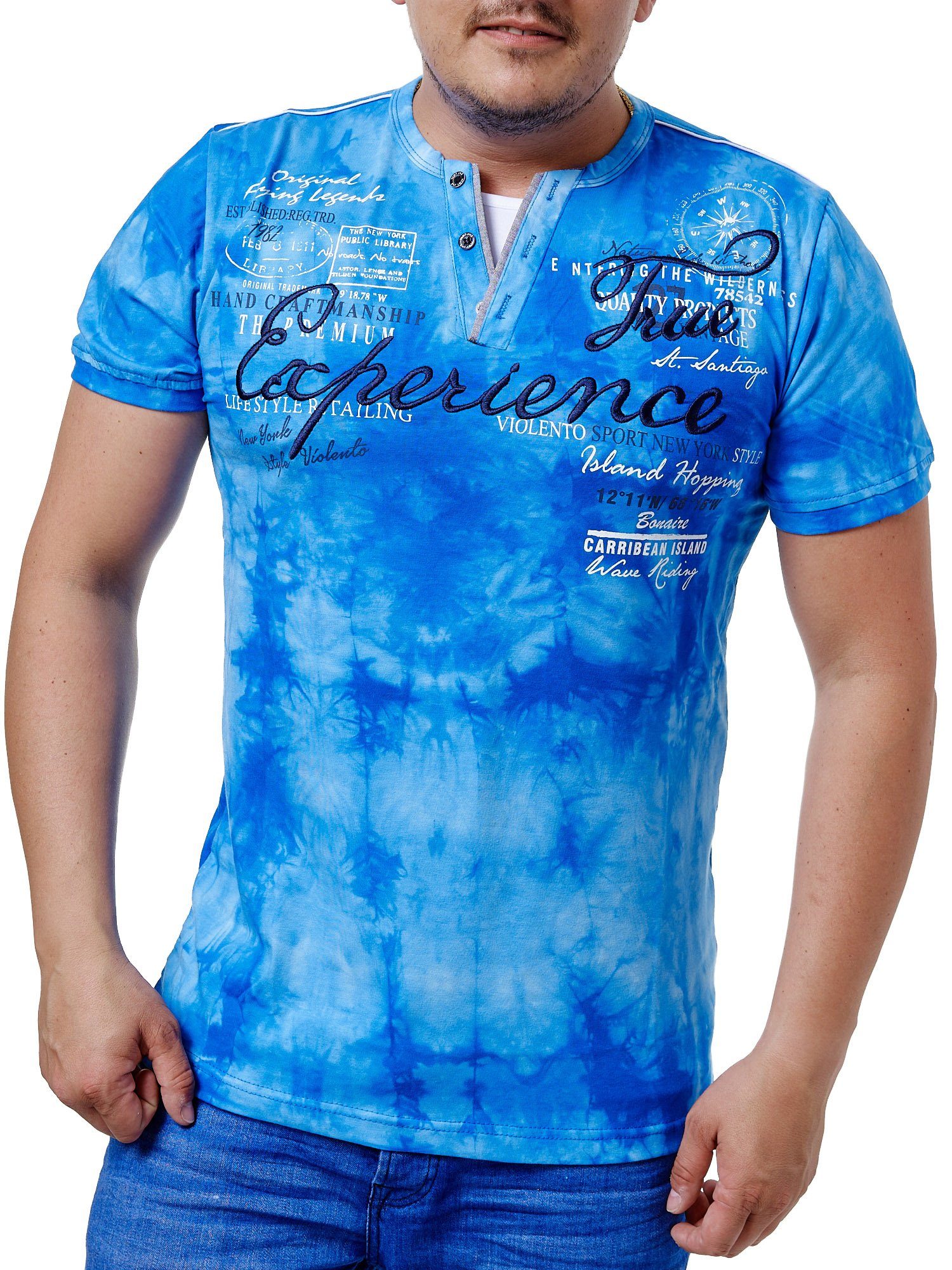 Kurzarmshirt Kurzarm T-Shirt Fitness Casual Blau L.gonline mit Herren mit Kurzarmshirt Tee, Details, Knopfleiste, (Shirt gestickten Freizeit 1-tlg)