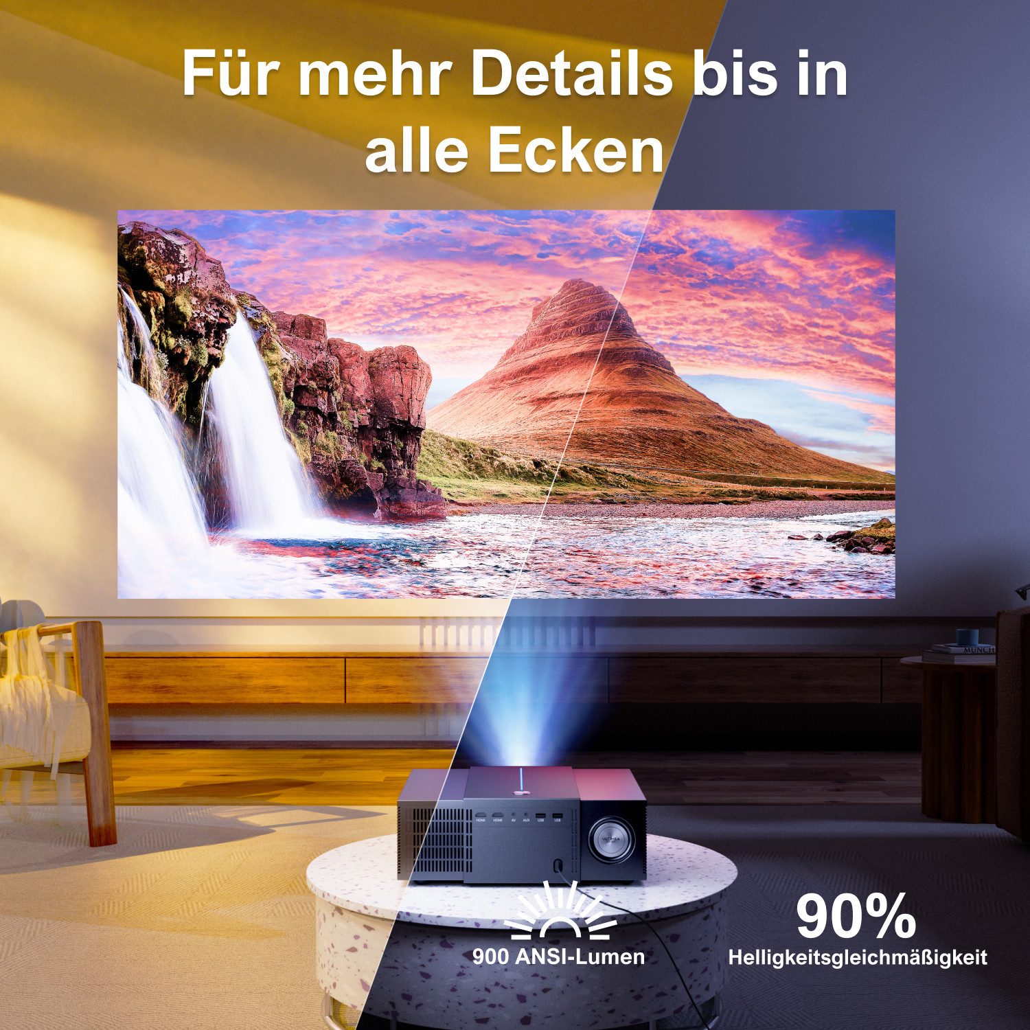 Ultimea Apollo P60 Native 1080P Projektor WiFi Bluetooth LED-Beamer (27000 lm, 1500:1, 1920 x 1080 px, Hindernisvermeidung, Bildschirmausrichtung, 6D Trapezkorrektur)