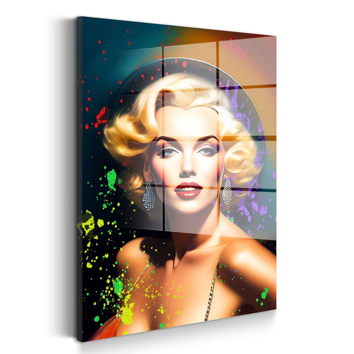Artedinoi Acrylglasbild Marilyn Beauty Acrylglasbild Wandbild Pop Art Porträt Blond Grün XXL, Blonde Hollywood-Ikone mit Neon-Farbspritzern