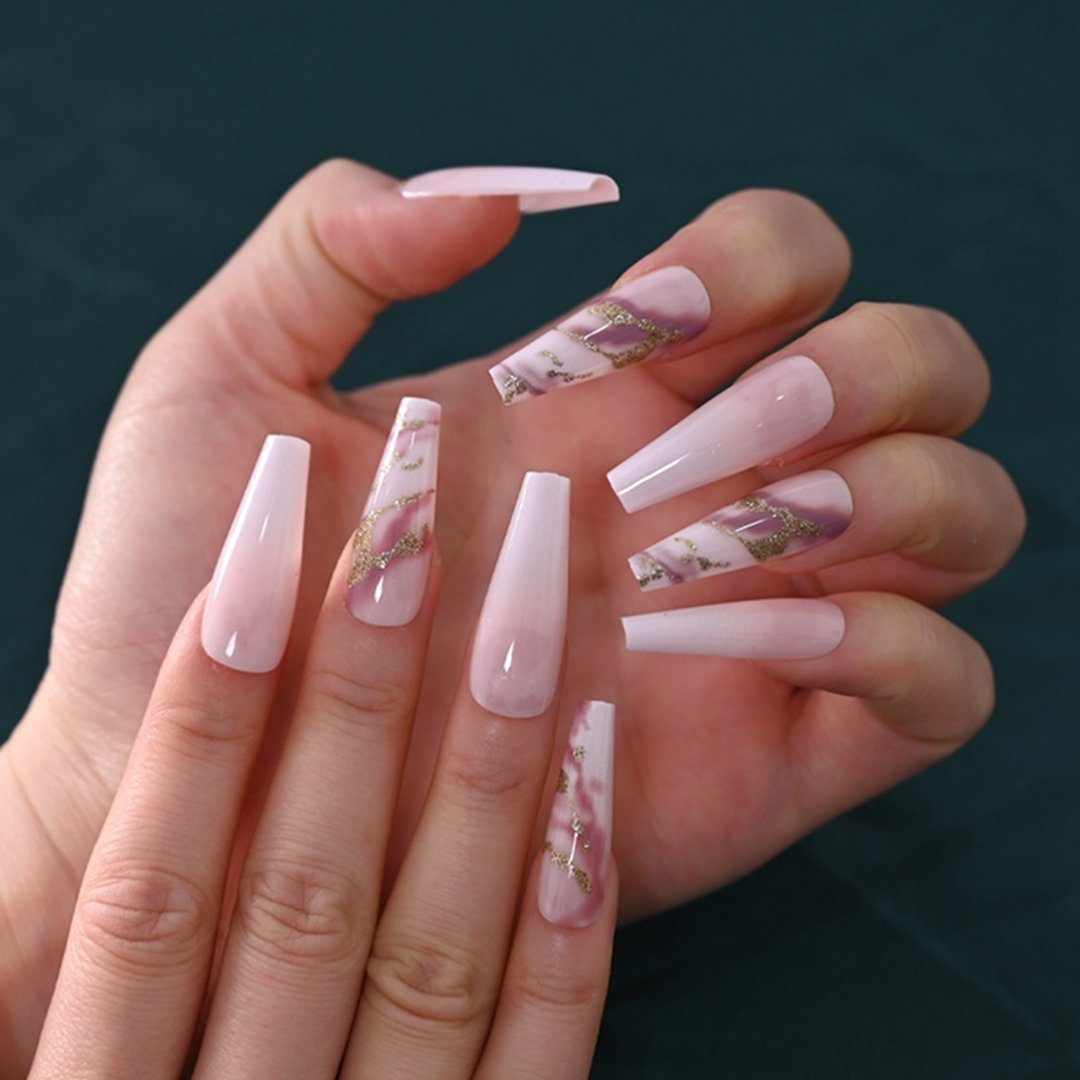 TUABUR Kunstfingernägel Künstliche Nägel mit Farbverlauf, rosa marmoriert, 24 Stück, 1-tlg. | Nageldesign-Sets