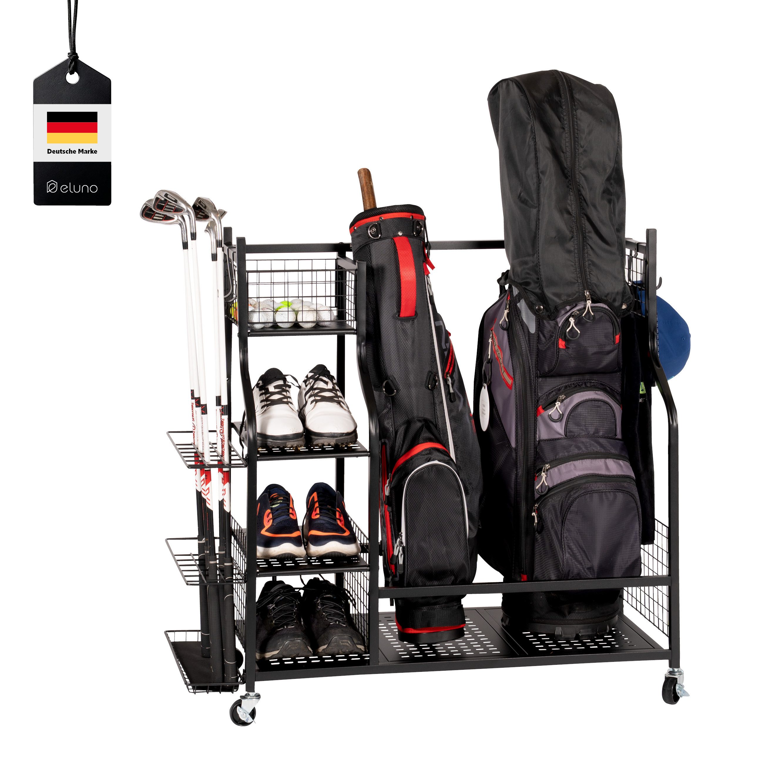 eluno Sportgeräte-Regalwagen passend für 2 Golftaschen, aus schwarzem Stahl günstig online kaufen