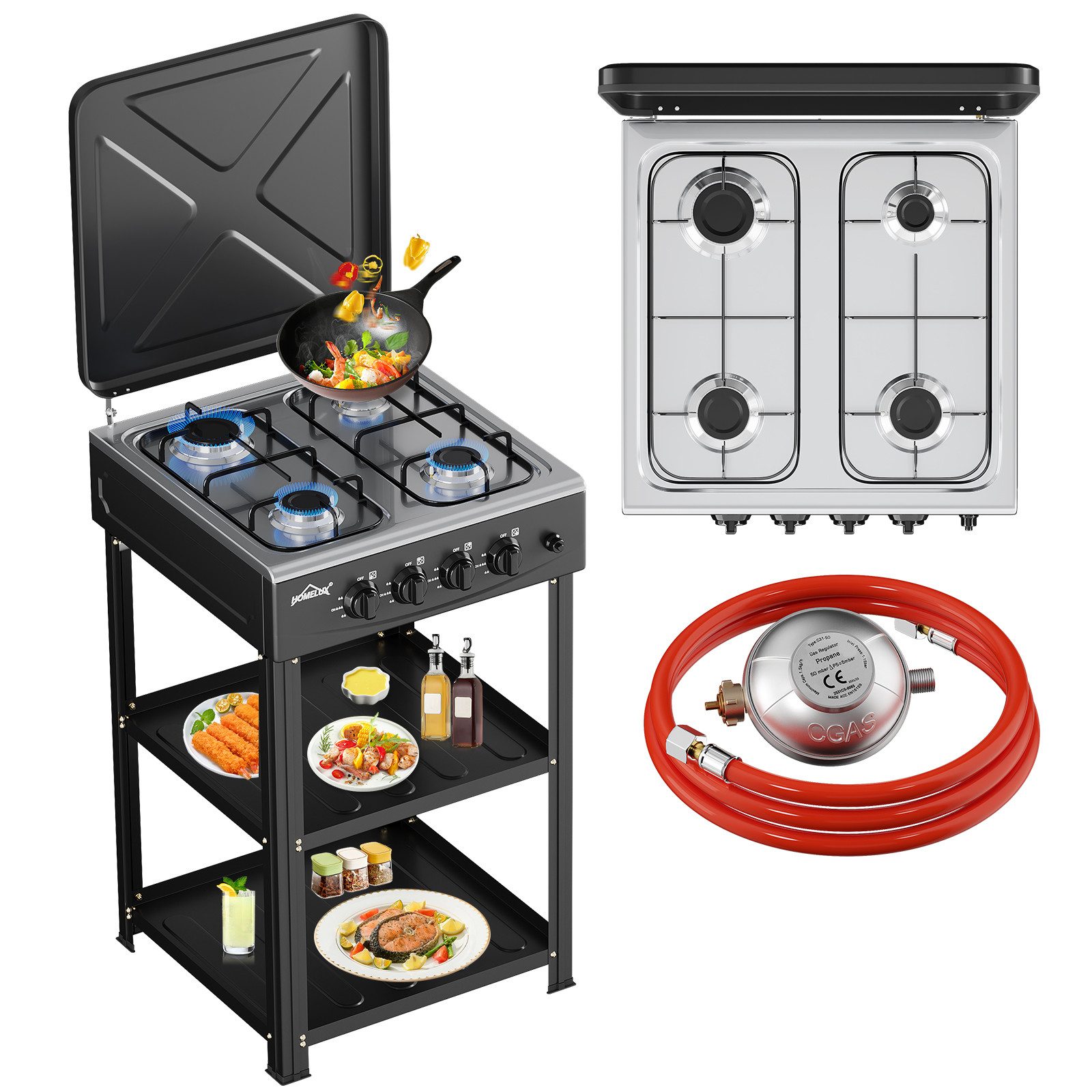 HOMELUX Gaskocher Campingkocher, 3/4/5 Flammig Gasherd Kochfeld, Campingkocher mit 1,5M Anschlussschlauch und Druckminderer 50 mbar