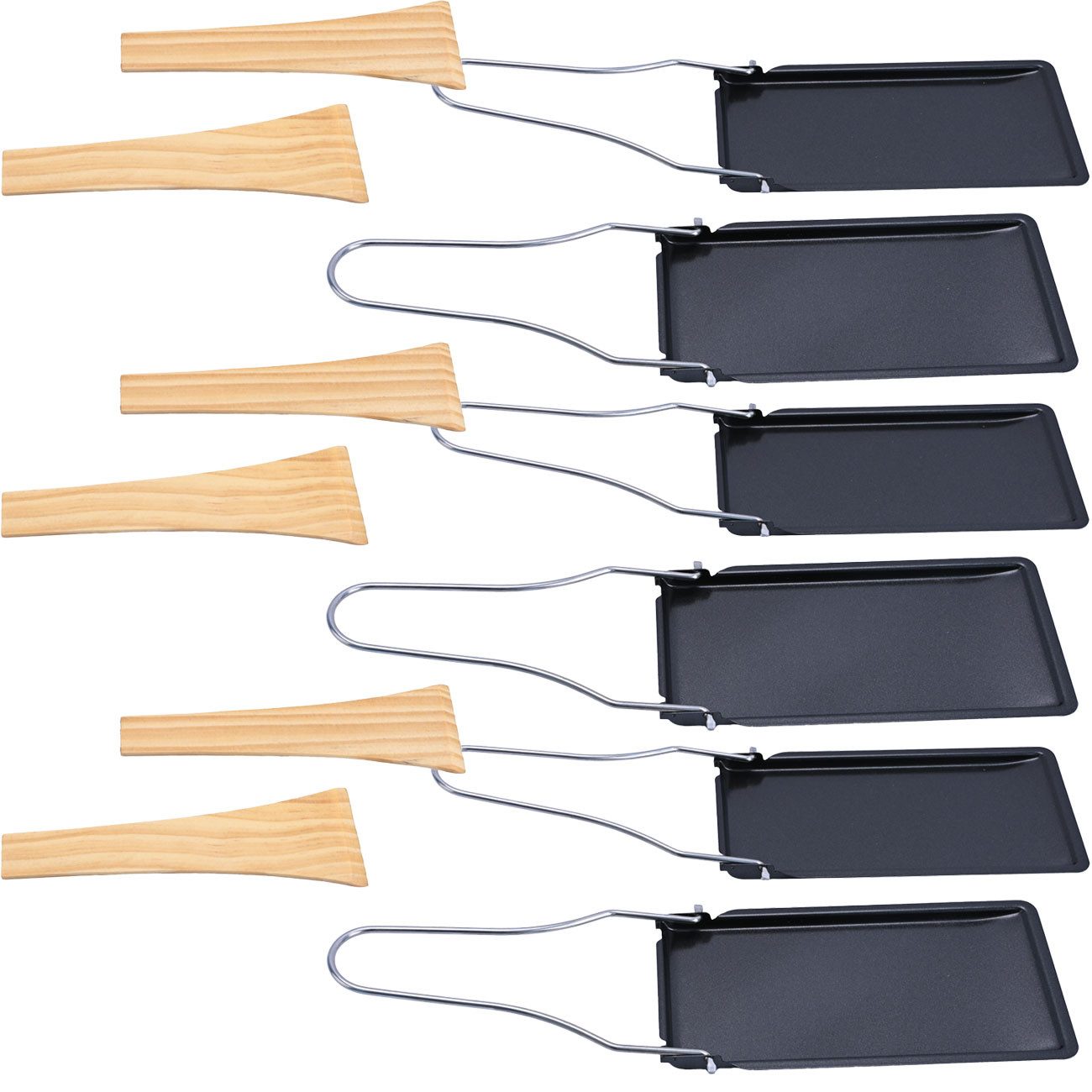 Casativo Raclettepfännchen Grillpfännchen für Raclette & BBQ antihaft Hitzebeständig bis 260°C, Carbonstahl (Set, 6-tlg., 2er-Set & 6er-Set), klappbarer Griff, inkl. Holzspatel, spülmaschinengeeignet