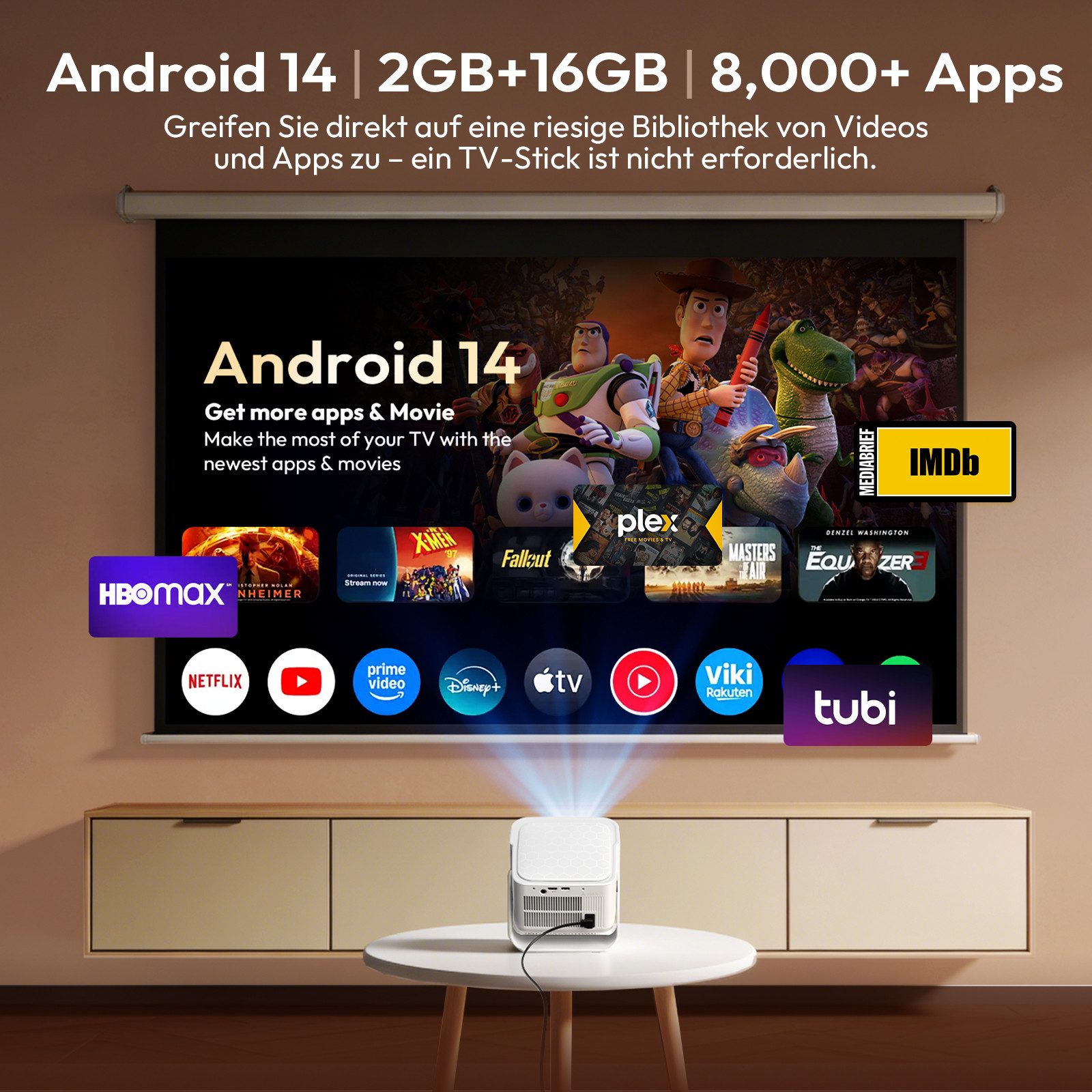 XGODY Gimbal 7 beamer 4k/8K Android 14.0 Projektor Autofokus Heimkino Beamer (15000:1, 3840X2160 px, Smart Beamer Klein mit 900 ANSI, WiFi 6 Bluetooth 5.4, Autofokus) weiß