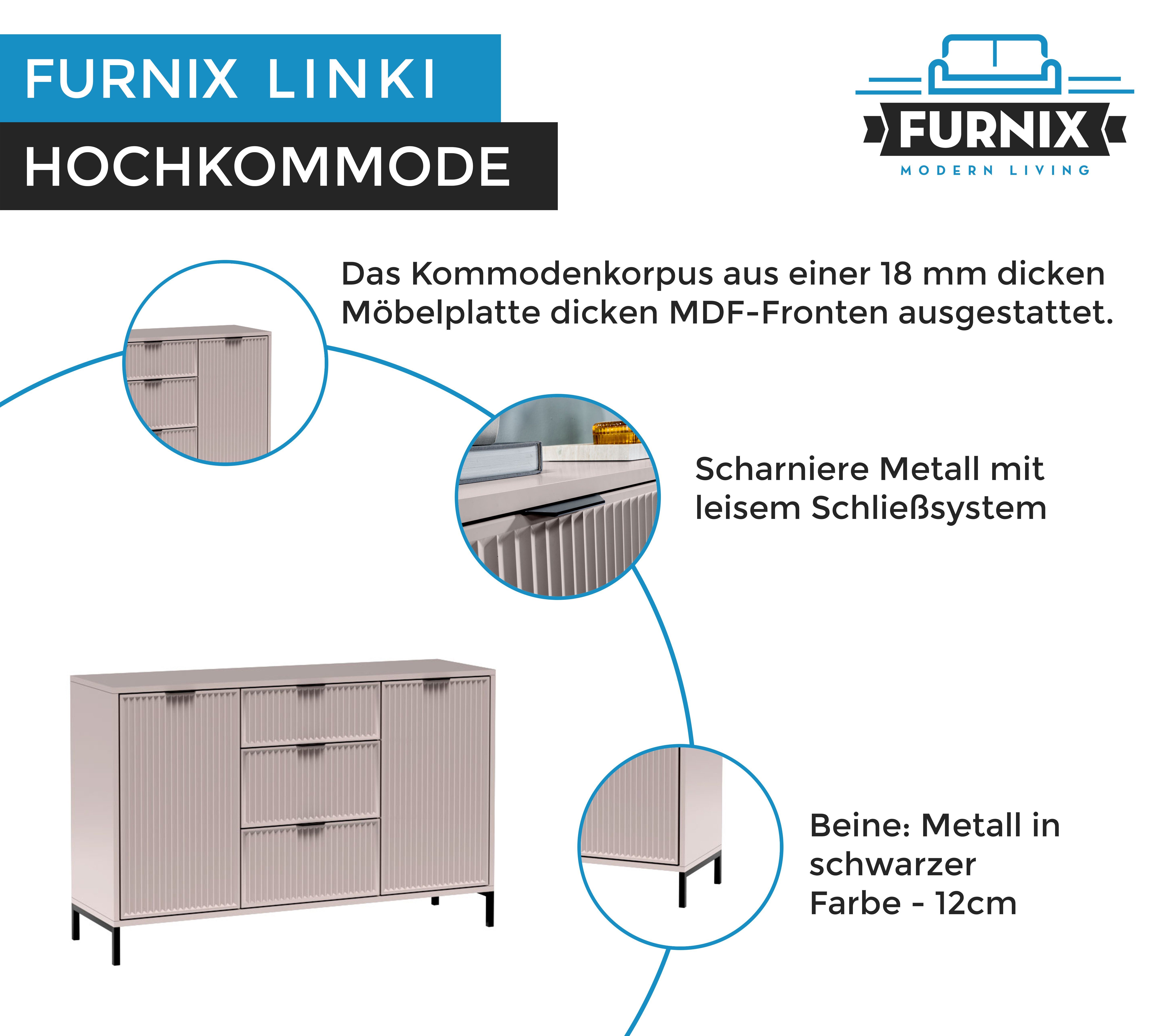 Furnix Hochkommode Sideboard LINKI 3 x mit B135 T40,6 Metallgestell, 2 Schubladen, Türen x cm cm und mit H86 LS2 in Loft-Design Kaschmir cm Industrial