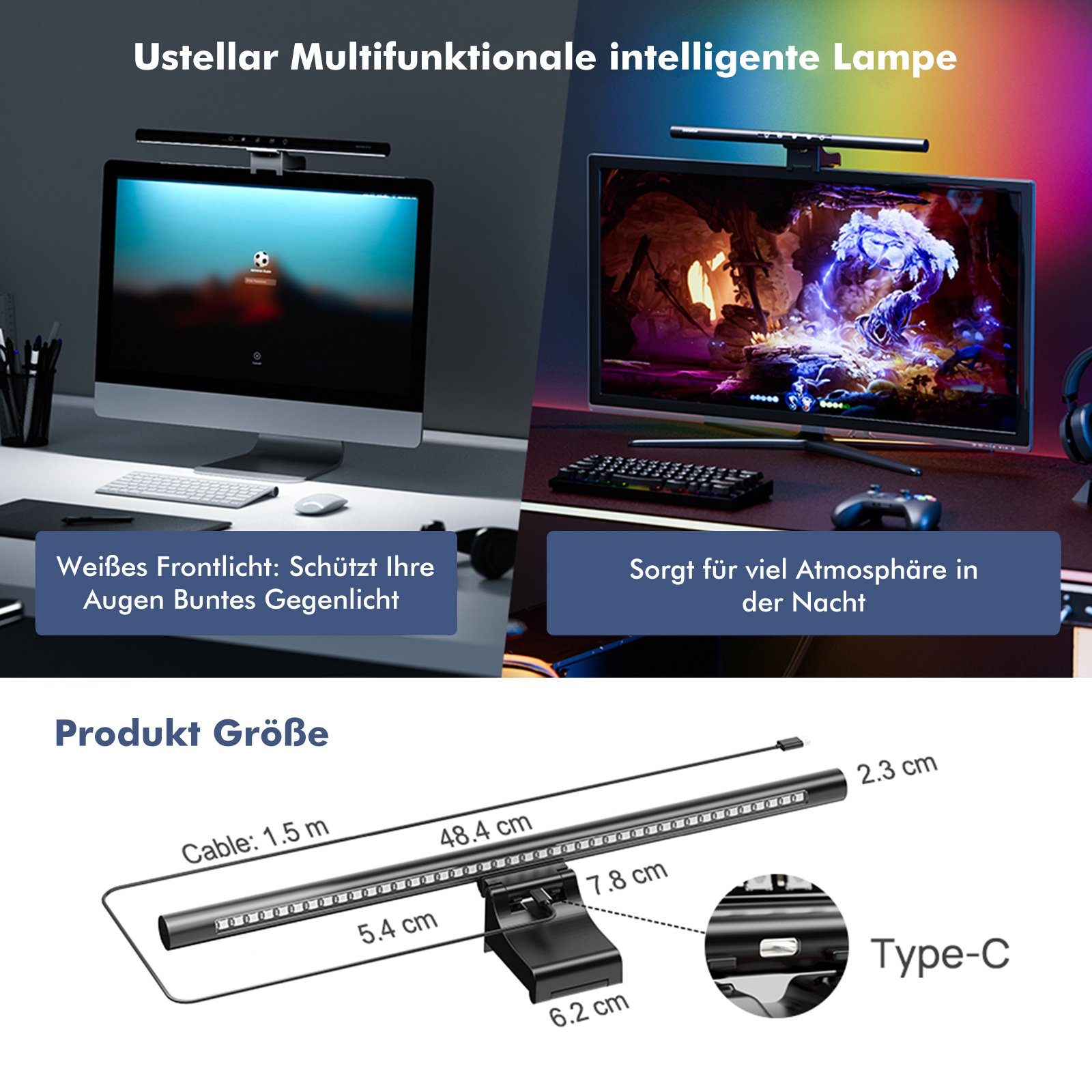 Rosnek LED Lichtleiste Smart, weißes Frontlicht+RGB Hintergrundbeleuchtung, günstig online kaufen