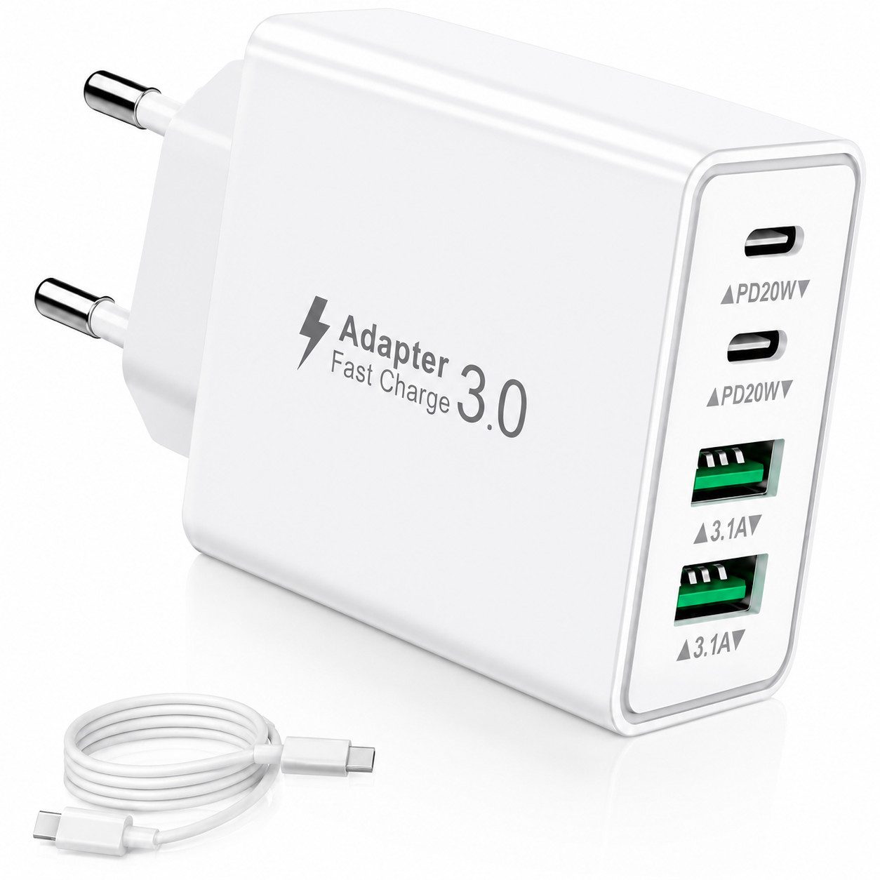 Fyrove USB C Ladegerät 40W Schnellladegerät mit 1,5 m TPE Datenkabel, Schnelllade-Gerät (Handy Ladegeräte 4 Ports, USB-C & USB-A Mehrfachstecker für Smartphone, Tablet, iPhone und Samsung)