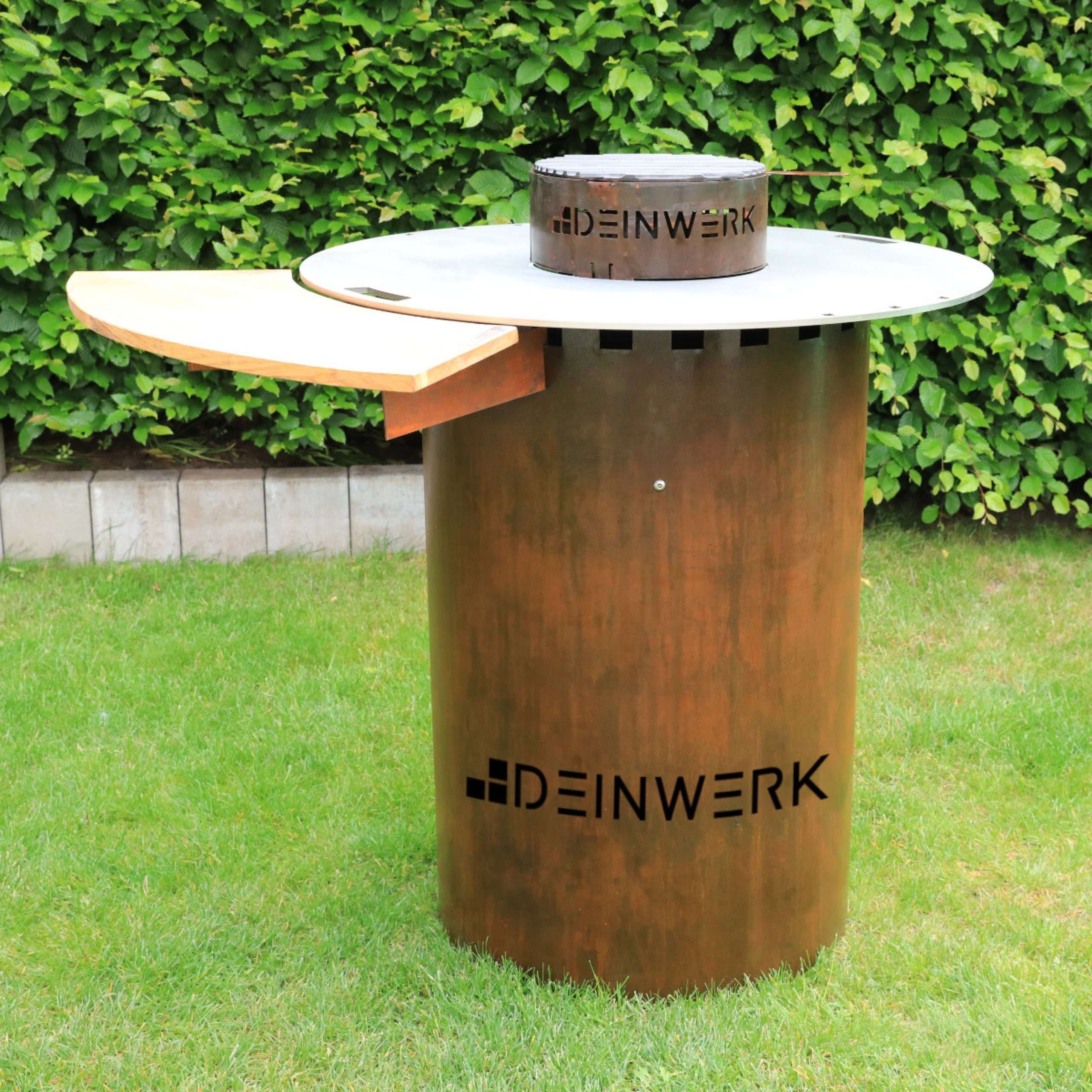 Feuerstelle DEINWERK Grillfass-Set Grilltonne aus Corten mit Plancha, Grillrost