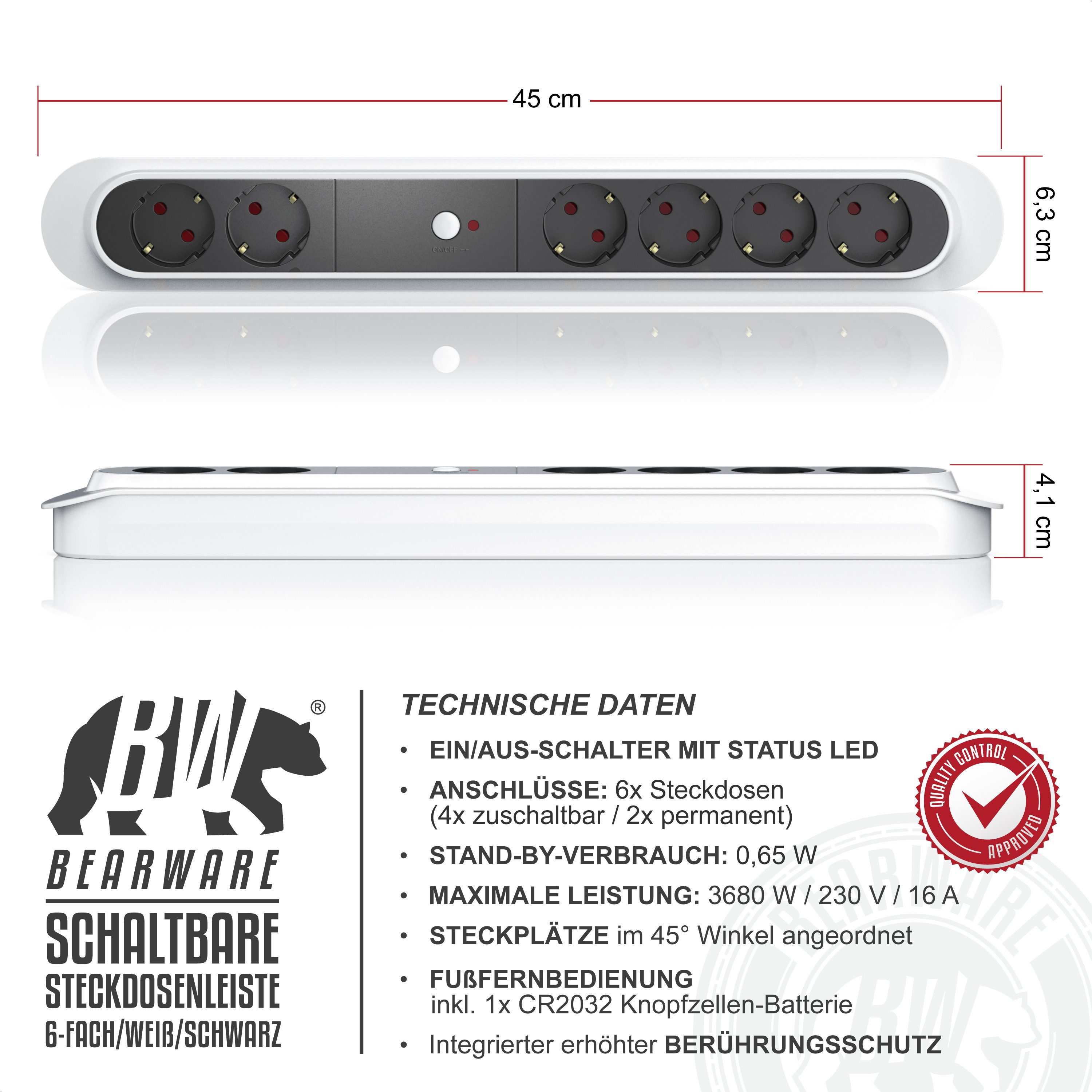 BEARWARE mit kabelosem Fuß- bzw. Handschalter - 15m Reichweite Steckdosenleiste 6-fach (Ein- / Ausschalter, Schalterbeleuchtung, Schutzkontaktstecker, Kindersic – Bild 2 von 5