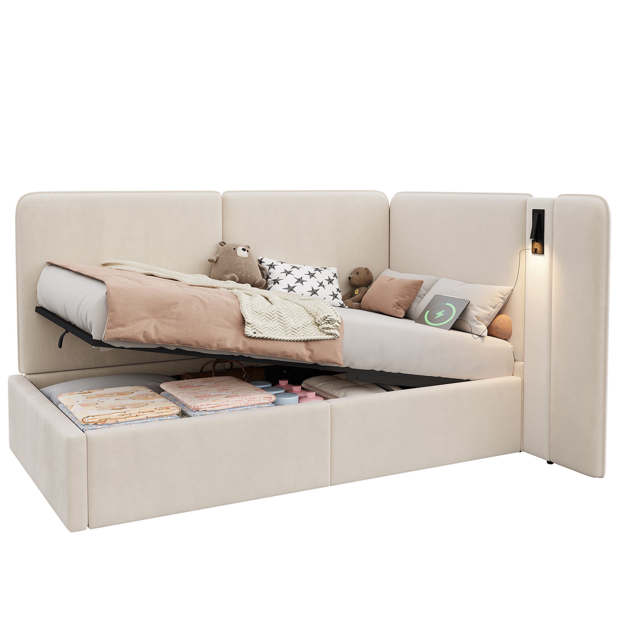 REDOM Polsterbett 90x200 cm mit USB- und Type-C-Anschlüssen (Packung, 1-tlg., Hydraulik-Stauraum, Leselampe inklusive, als Tagesbett), Ideal als Sofabett & Gästebett mit Komfort(ohne Matratze)