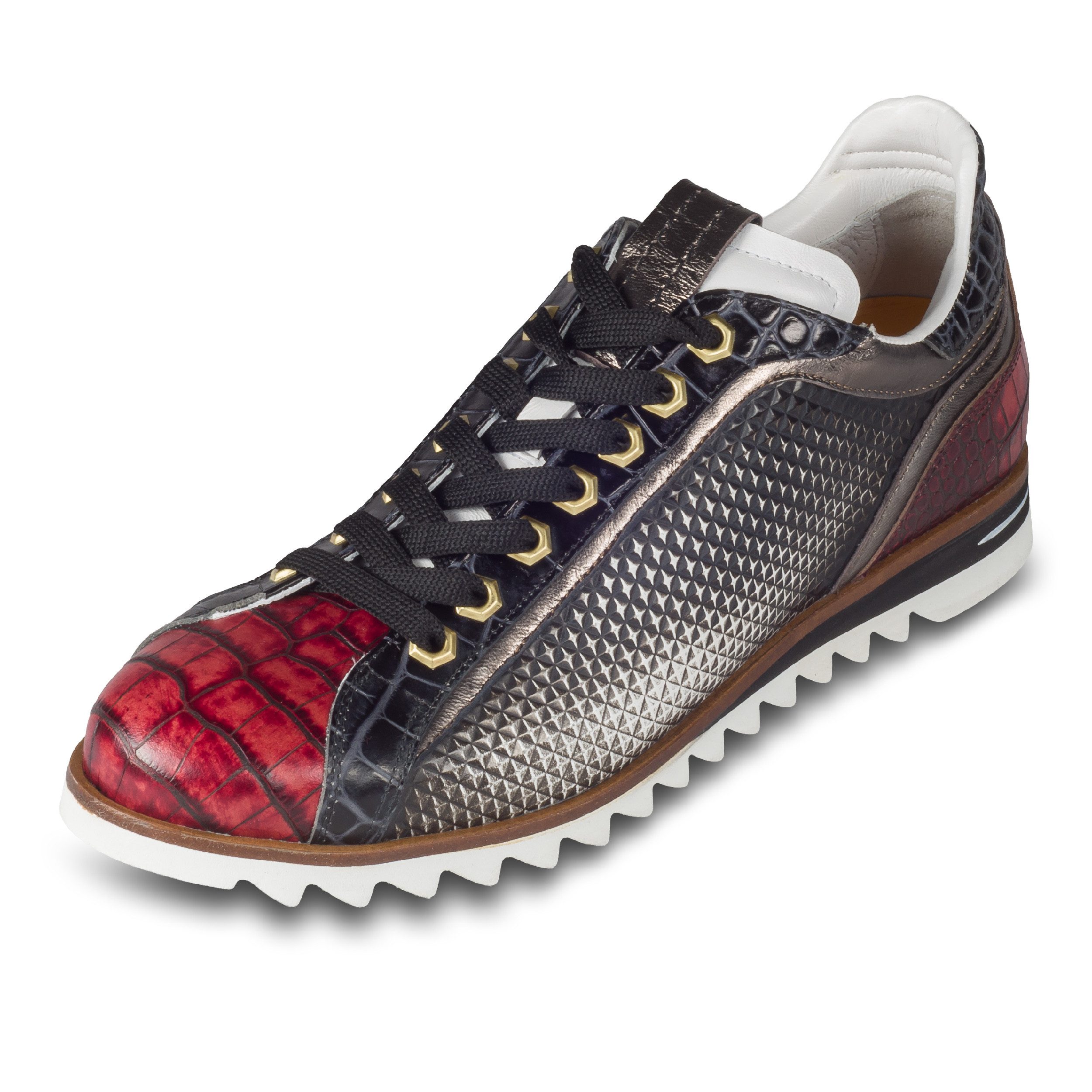 Lorenzi Herren Sneaker rot/schwarz/weiß, Kalbsleder geprägt und Kroko-Optik Sneaker Handgefertigt in Italien