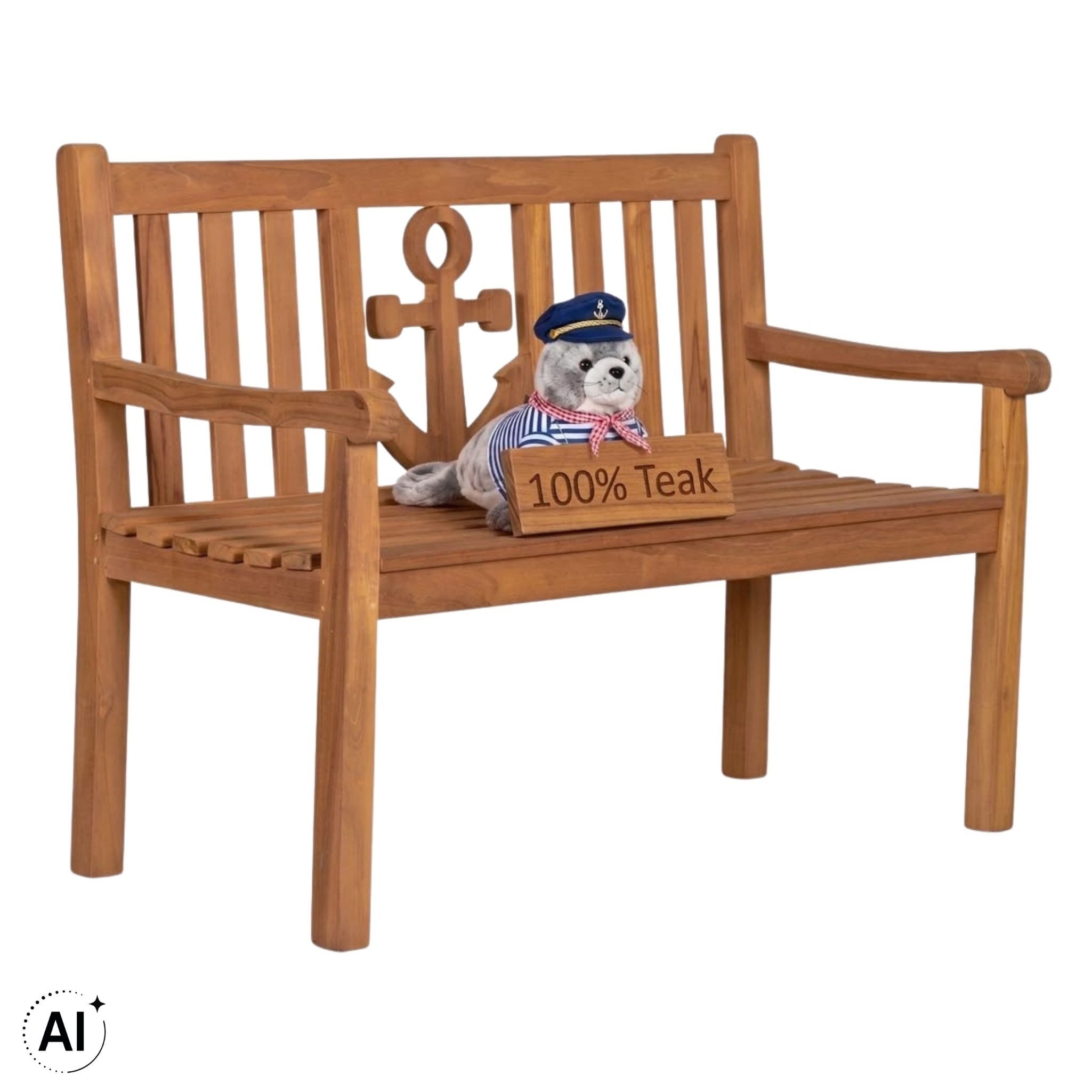 MR.DEKO Gartenbank Teak Anker 120 cm – Massivholz maritim & wetterfest, Sitzbank (2-Sitzer Bank, zerlegt geliefert, ideal für Terrasse, 1-St), Massive Sitzbank Garten und Balkon, 250 kg belastbar