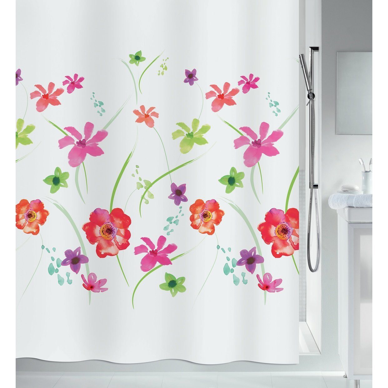 spirella Duschvorhang FLOWER MEADOW Breite 180 cm, Premium Textil-Duschvorhang, 100% Polyester, Made in Europe, wasserabweisend, Anti-Schimmel-Effekt, waschbar 30°, florales Design, Farbe weiß/bunt, Größe 180 x 200 cm