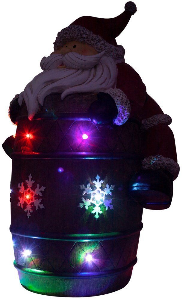 Christmas Paradise LED Dekofigur XXL Tischdeko Weihnachtsmann auf Fass  39cm, LED fest integriert, warmweiß, Weihnachtsdeko mit Nikolaus