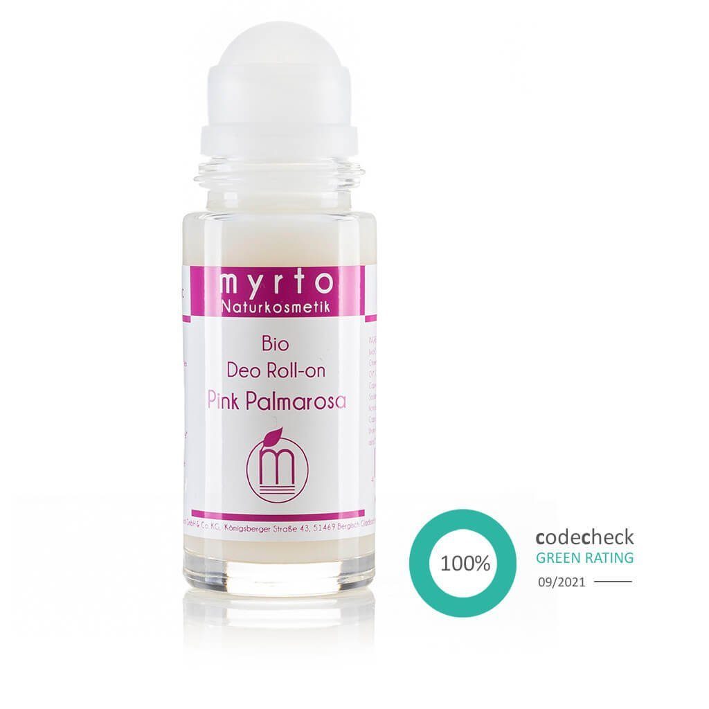 myrto Naturkosmetik Körperpflegemittel Bio Deo Roll-On Pink Palmarosa - ohne Aluminium & Alkohol, für empfindliche Haut, hemmt Geruchsbildung, ohne Aluminium & Alkohol