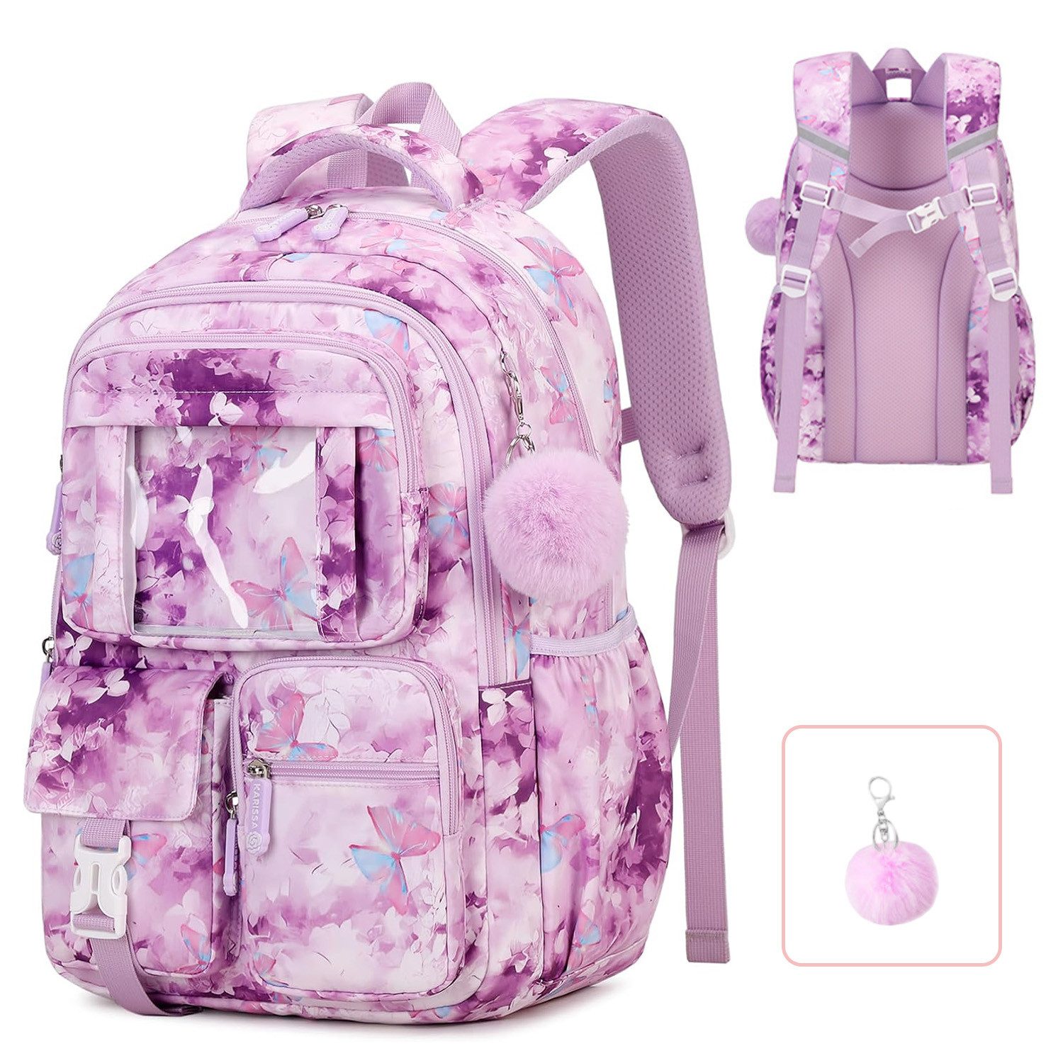 MOPUEA Schulrucksack Atmungsaktiv Schulrucksack Rucksack Schultasche Kawaii Büchertasche (Mit 1 Pom-Pom-Anhänger), Turnbeutel Lässiger Schulranzen Jungen Teenager Multi-Tasche Daypacks