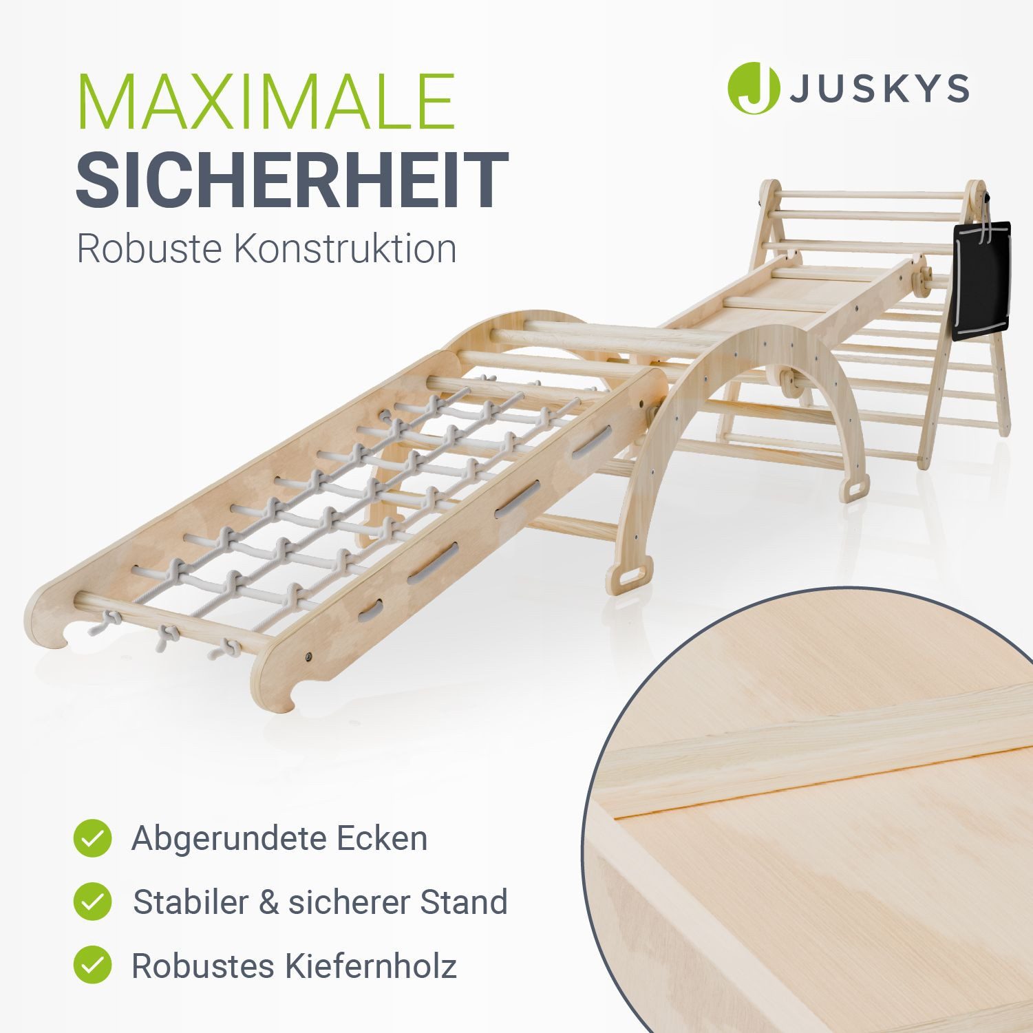 Juskys Klettergerüst Movario Groß, (6-St), Indoor Kletterdreieck, Kletterbogen mit Kissen, Rutsche, Tafel