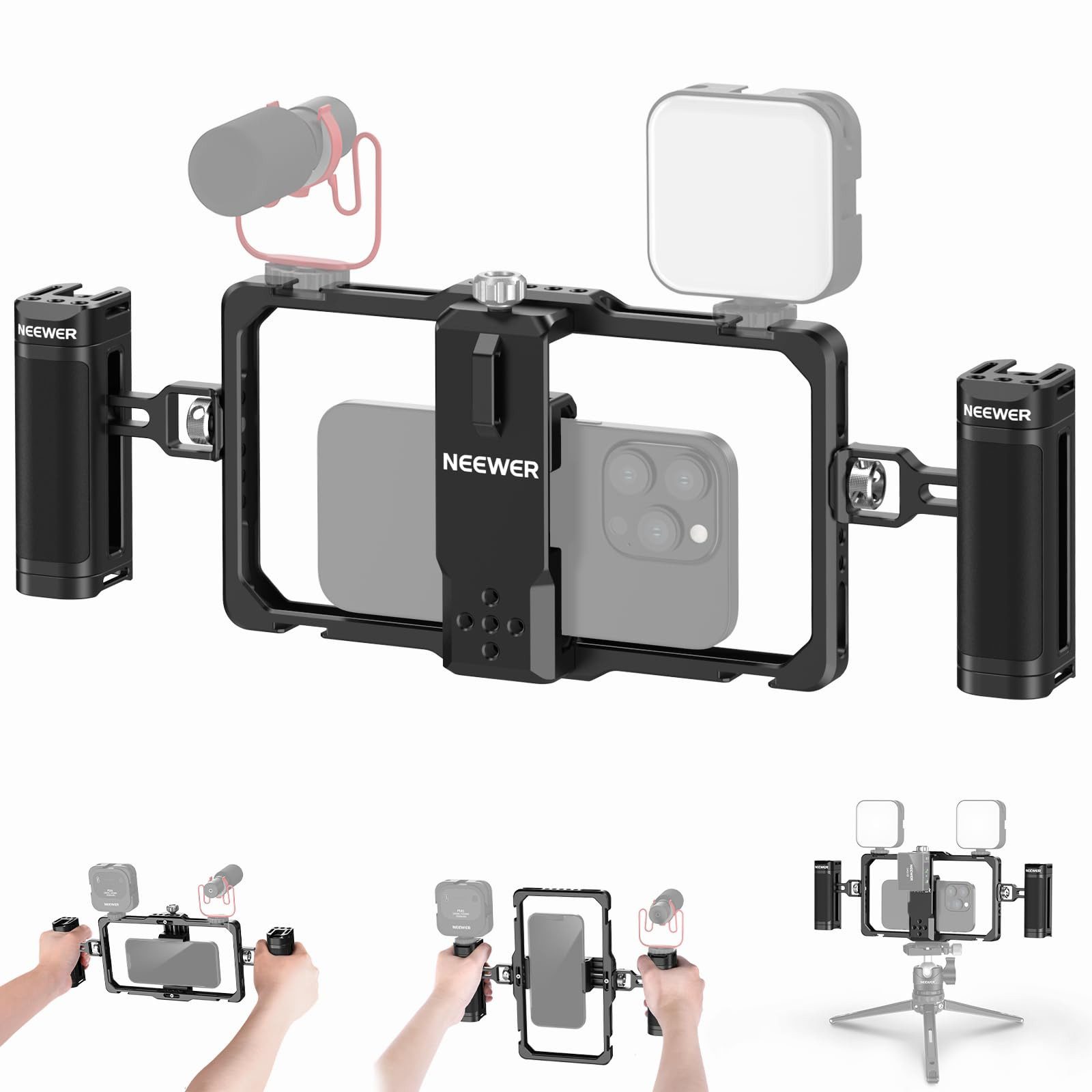 Neewer Smartphone-Stabilisator PA009 Verbessertes Smartphone Rig Vlogging Kit, Videostabilisator, kabelloser Mikrofonclip Steckplatz, für SmallRig iPhone Samsung