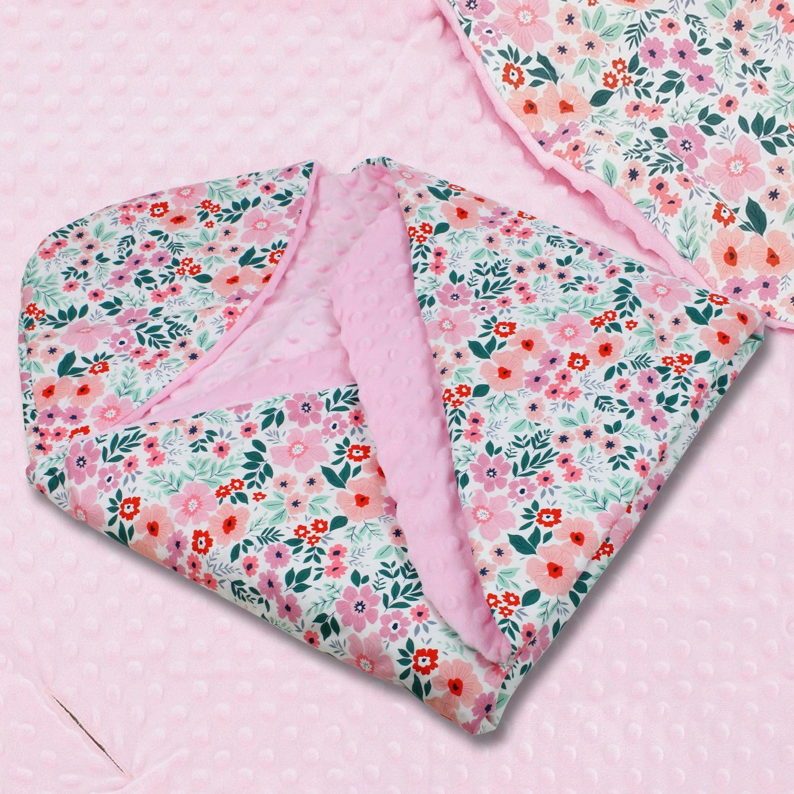 Einschlagdecke Einschlagdecke Baybdecke Kuscheldecke flauschig Motiv Gurtlöcher, HAGO Blumen Pink