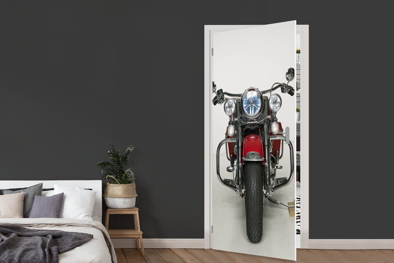 Hintergrund, cm Rotes 75x205 Matt, MuchoWow St), bedruckt, auf für Tür, (1 weißem Türaufkleber, Motorrad Türtapete Fototapete