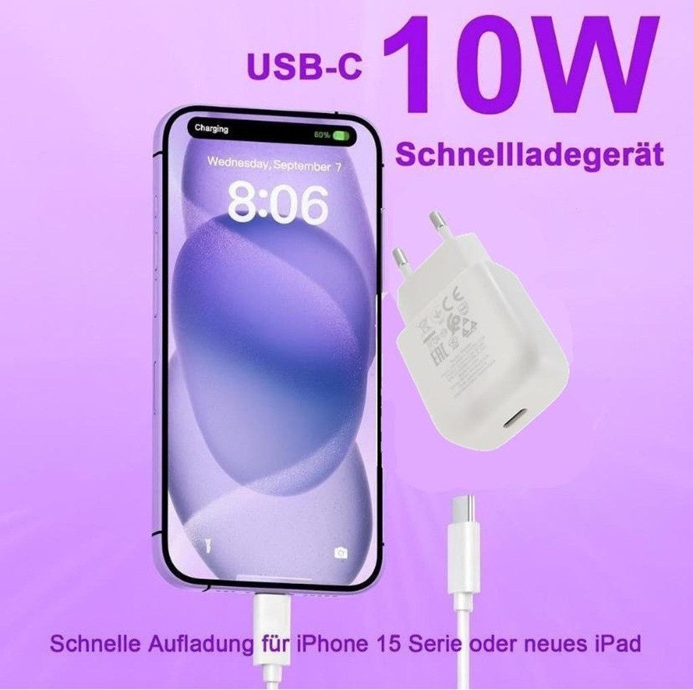 VEEV 10W Schnellladegerät USB C für iPhone ab 15 Serie u. Samsung+1M Kabel Smartphone-Ladegerät (2-tlg., 1x Adapter 10 Watt + 1x Ladekabel USB-C auf USB-C)