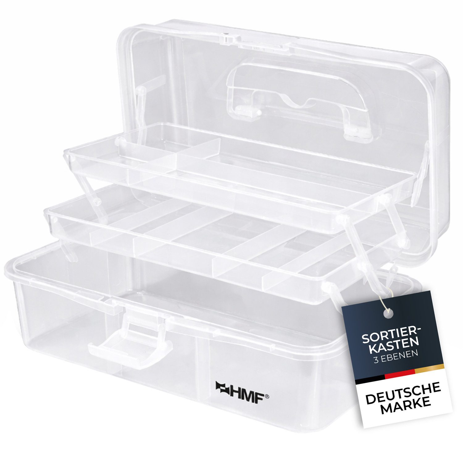 HMF Aufbewahrungsbox Nähkasten aufklappbar mit 3 Ebenen, Sortierbox mit 8 Fächern für, Kleinteile, 33 x 20 x 15 cm, Transparent