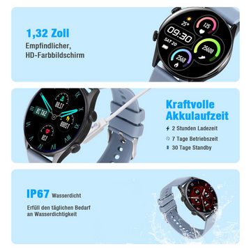 ombar Smartwatch Damen,Herren Fitness Tracker uhr mit Anruffunktion Smartwatch (1.32 Zoll) Fitness Tracker mit 8 Sport SpO2 Pulsuhr, Schlafmonitor Menstruationszyklus, 1-tlg., Armbanduhr für iOS Android