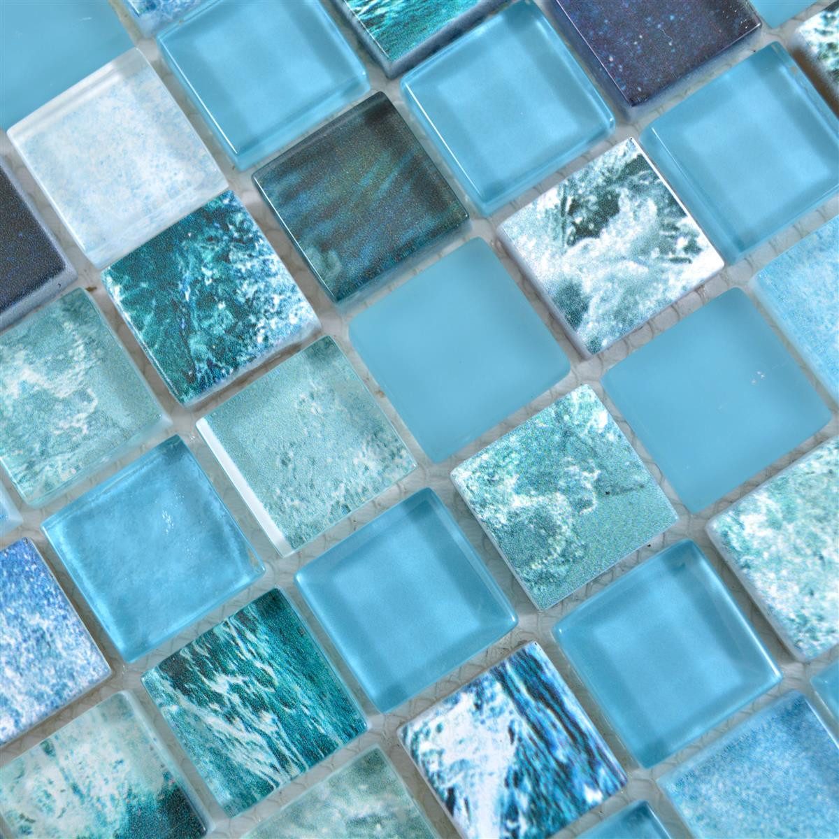 Mosafil Mosaikfliesen Glasmosaik Fliesen Cornelia Retrooptik, Glas 30.000x30.000, grün-blau, Verlegefertig auf ein Netz geklebt - Wasserfest