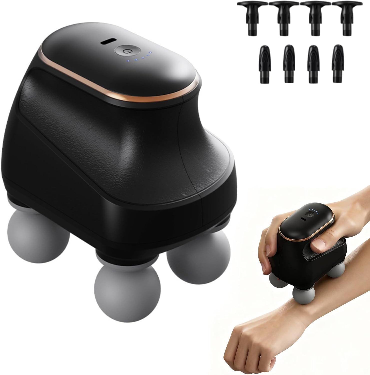 Toomoke Massagegerät Mini Massagegerät mit 4 Massageköpfe,Handmassagegeräte,Tragbares, Tragbares elektrisches Muskelmassagegerät, 5 Geschwindigkeitsstufen, 3 Massageaufsatztypen, über USB aufladbar, Geeignet für Nacken, Rücken, Schultern und Beine,schwarz