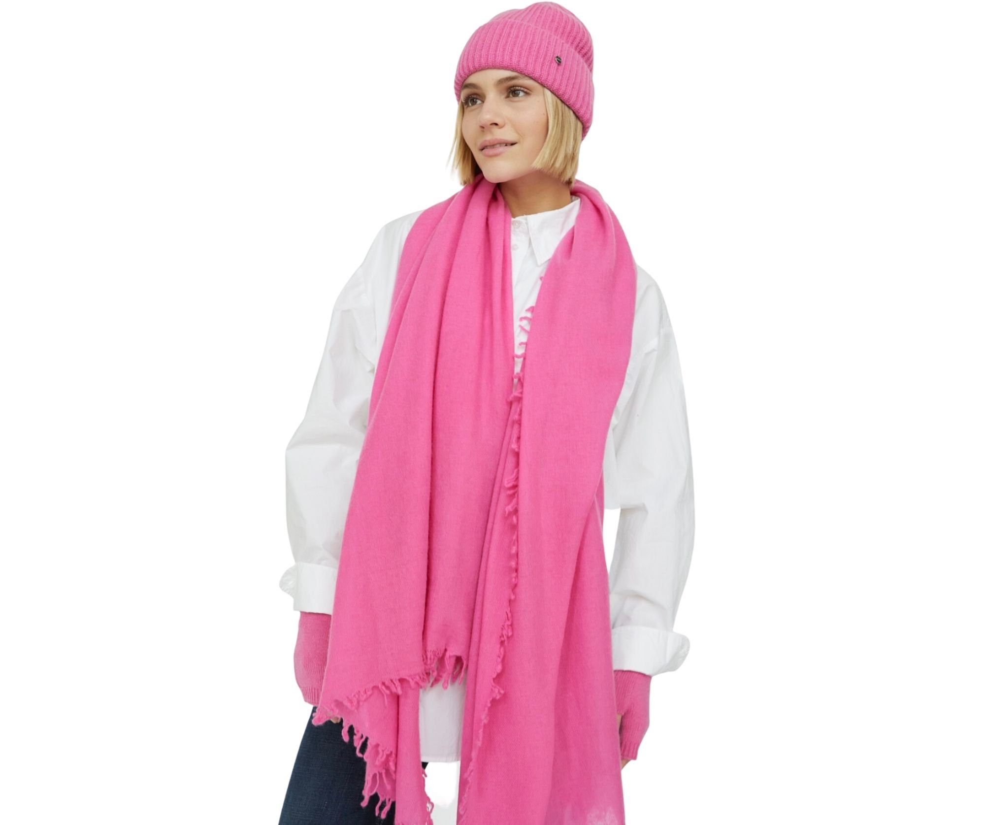 Codello Wolle aus gewebter Schal Premium Wollschal pink Fransenabschlüsse und Kaschmir, Codello