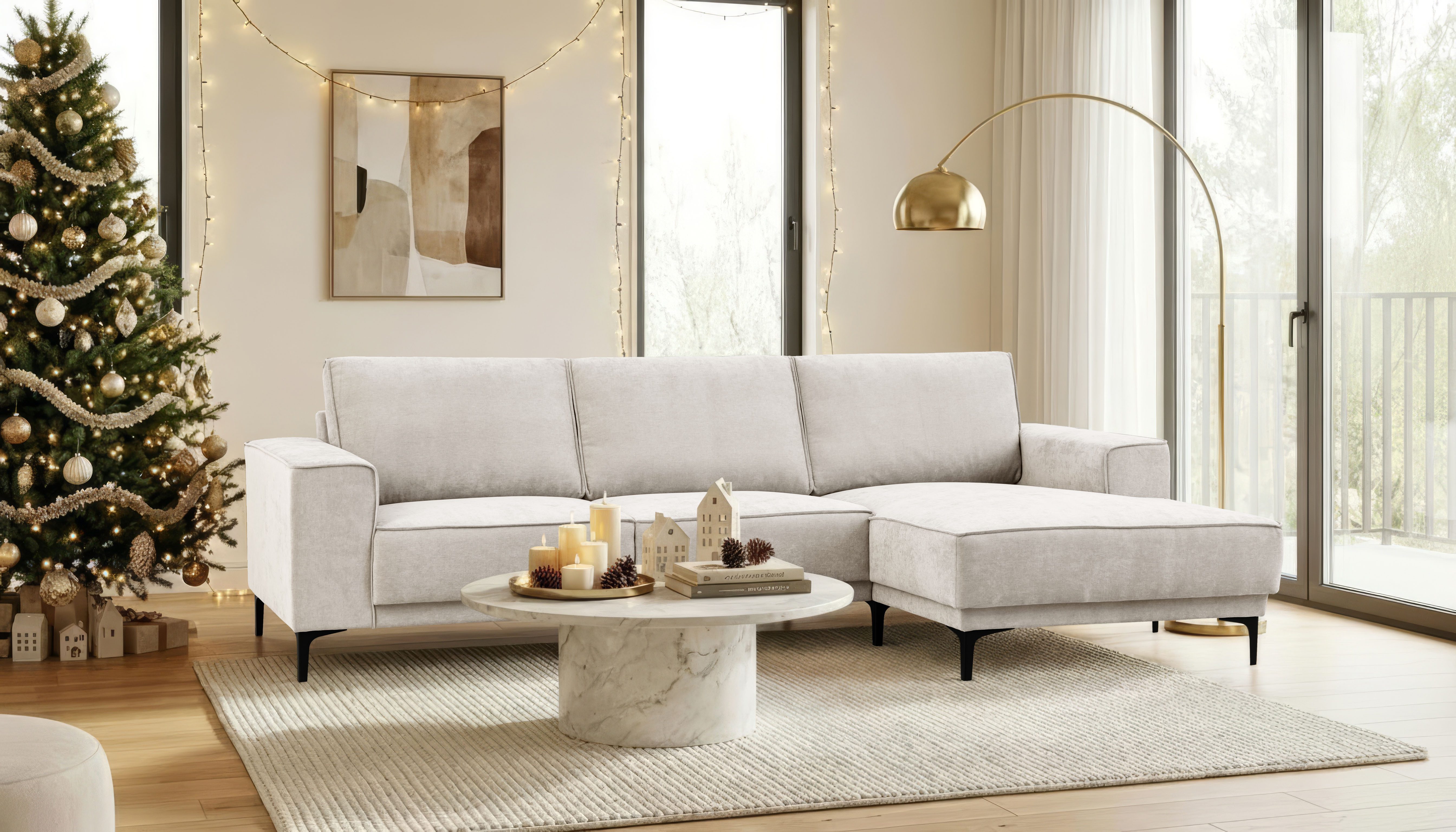 OTTO home Ecksofa Polsterecke Oland, Struktur, Flachgewebe, Luxus-Microfaser, Boucle, L-Form, 280 cm, Wellenunterfederung, Skandi-Design, Metallfüße