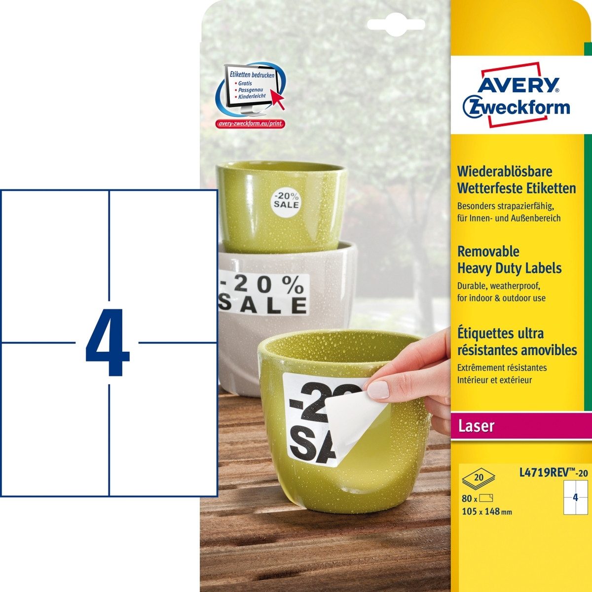 Avery Zweckform Etiketten Etiketten wetterfest Polyester wiederablösbar weiß 105x148mm VE=80 Eti