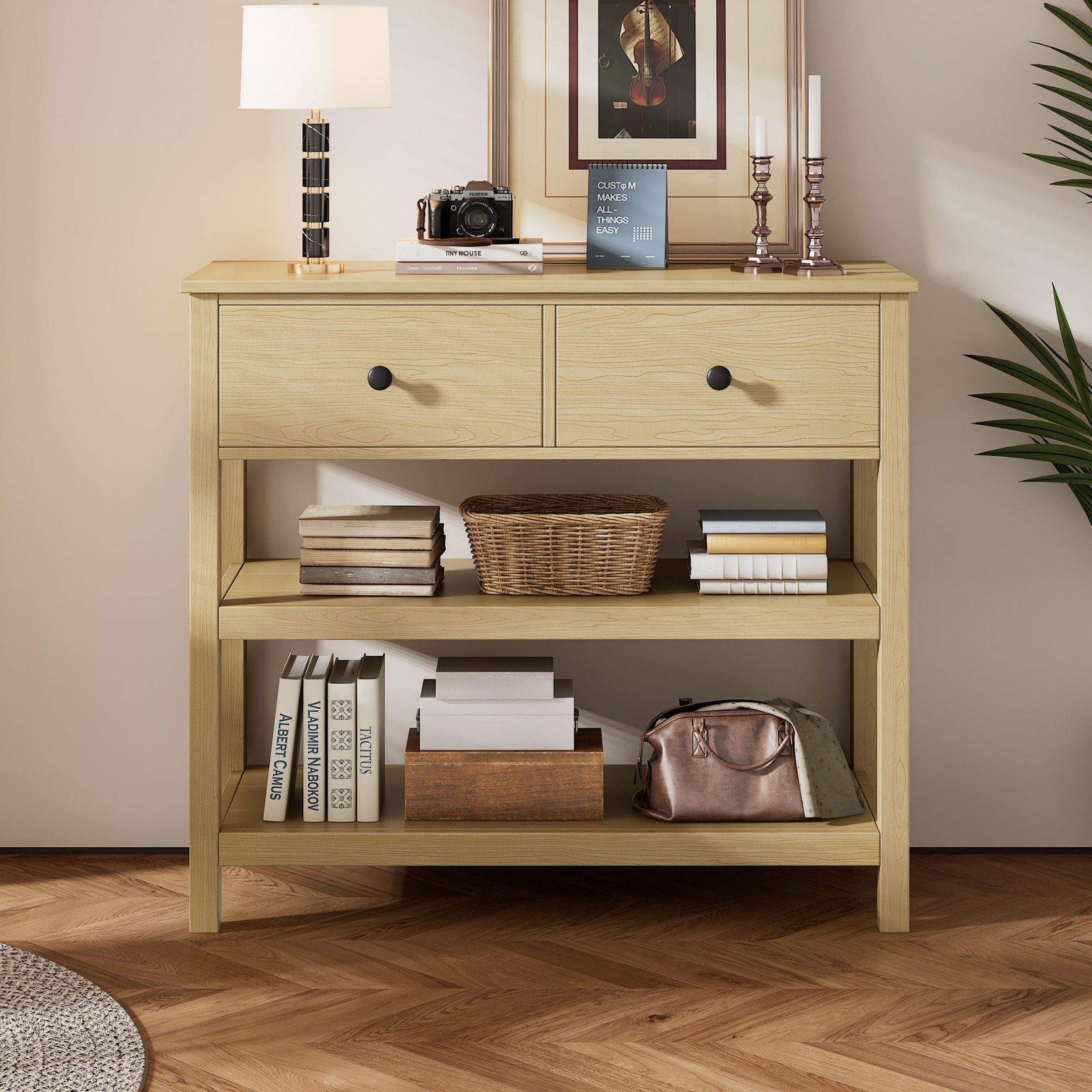 autolock Konsolentisch Retro-Konsolentisch Holz Schmal Sofatisch 34.5 × 28 × 10 cm (Mit Schubladen & Offene Regale), für Flur, Eingang Und Wohnzimmer, Natur