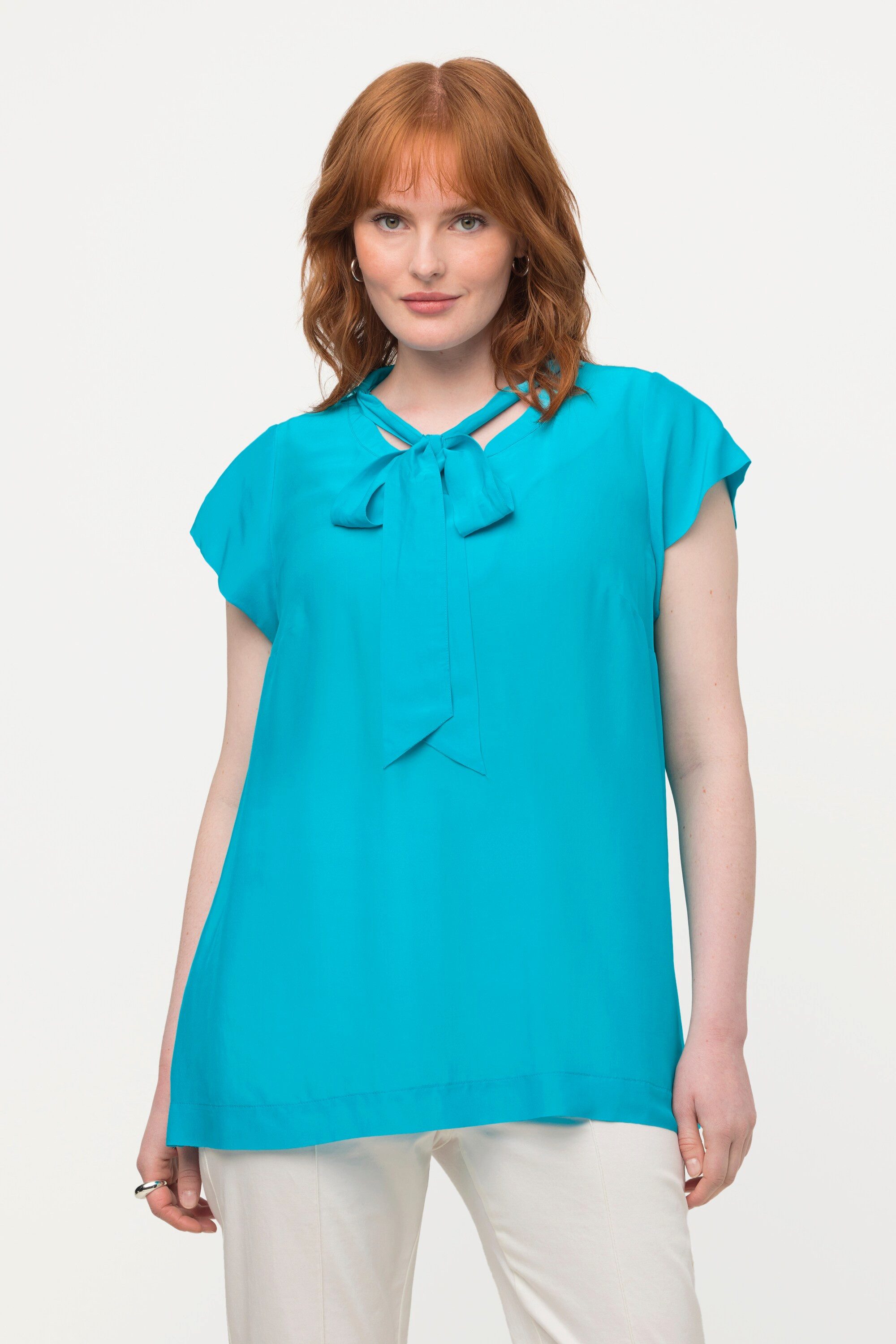 Ulla Popken Spitzenbluse Bluse Seidenmix Schluppe Stehkragen Halbarm