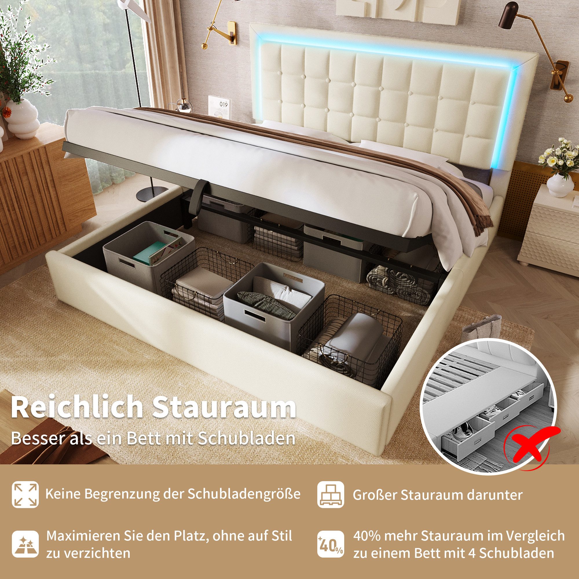 Flieks Stauraumbett (1-tlg), LED-Beleuchtung Kunstleder Doppelbett 180x200cm – Bild 5 von 5