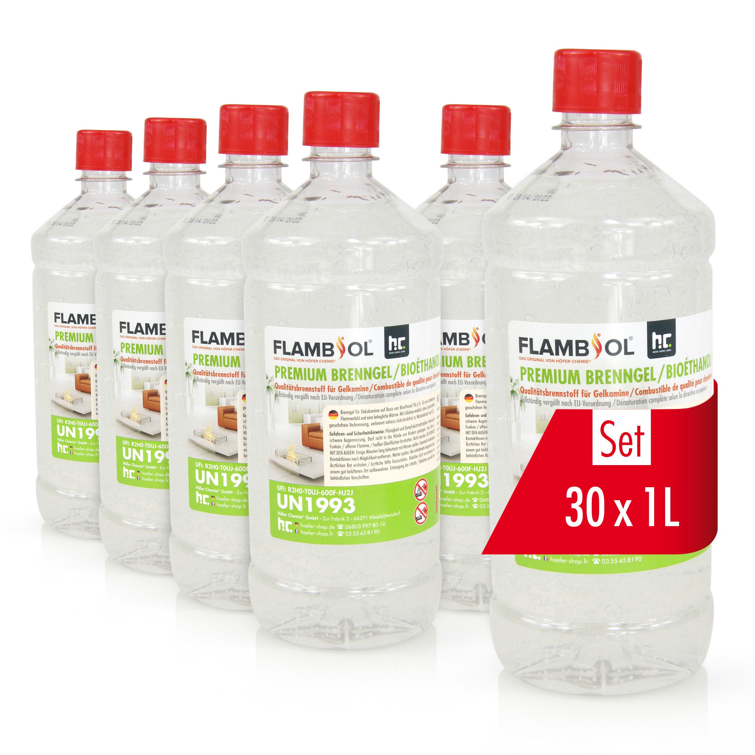 Höfer Chemie GmbH Bioethanol 30x 1 L FLAMBIOL® Premium Brenngel, 30 l, (30-St), Rauchfreies Gel für saubere Verbrennung im Tischkamin