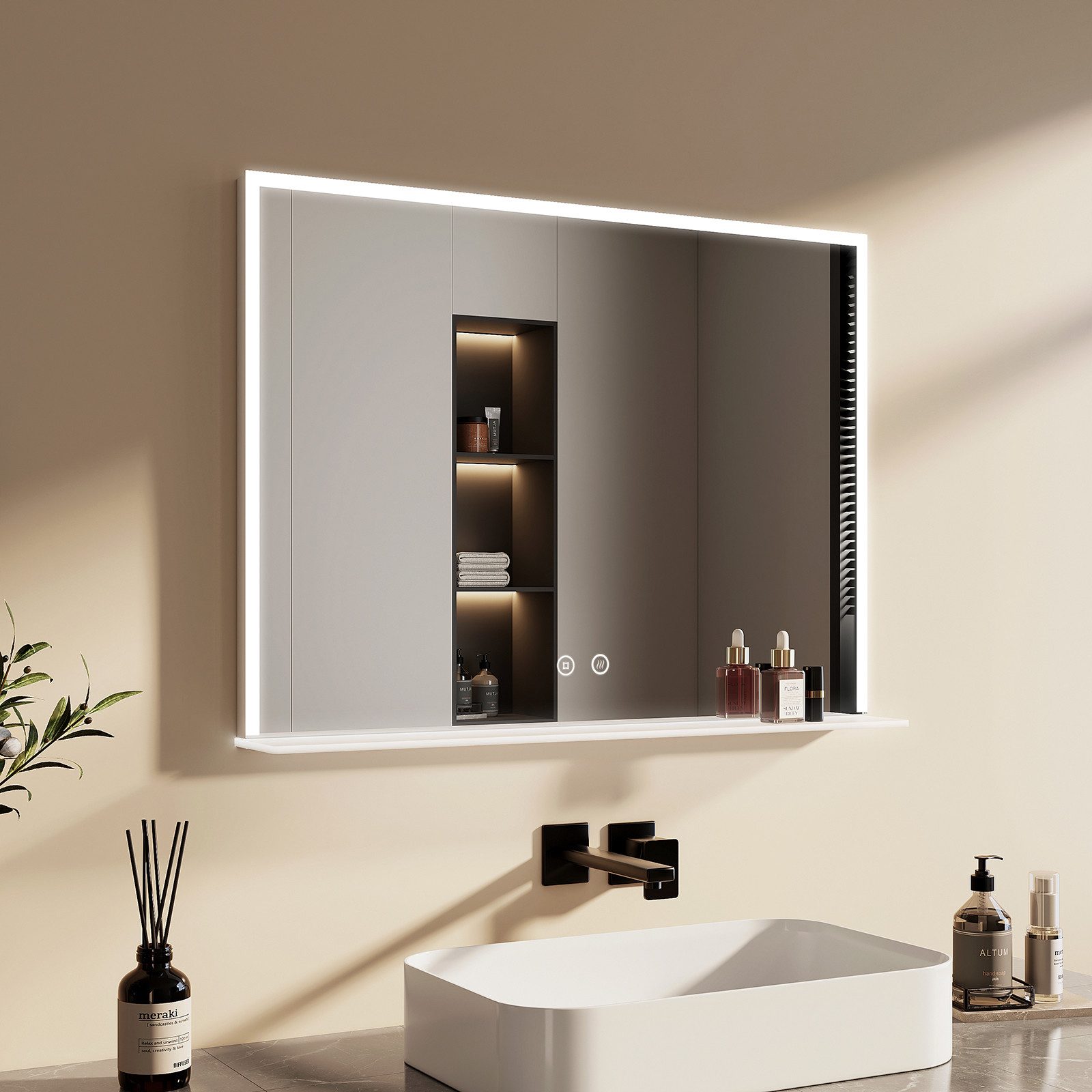EMKE Badspiegel mit Beleuchtung Ablage Kaltweiß günstig online kaufen