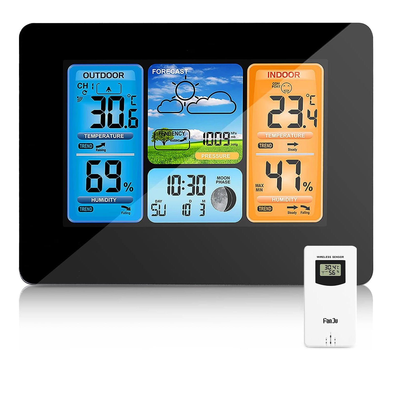 MODFU Digital Wetteruhr Thermometer Raumthermometer Temperaturanzeige Wetterstation (Mit Außensensor Alarm Temperatur Wettervorhersage Wetter Innen Außen)