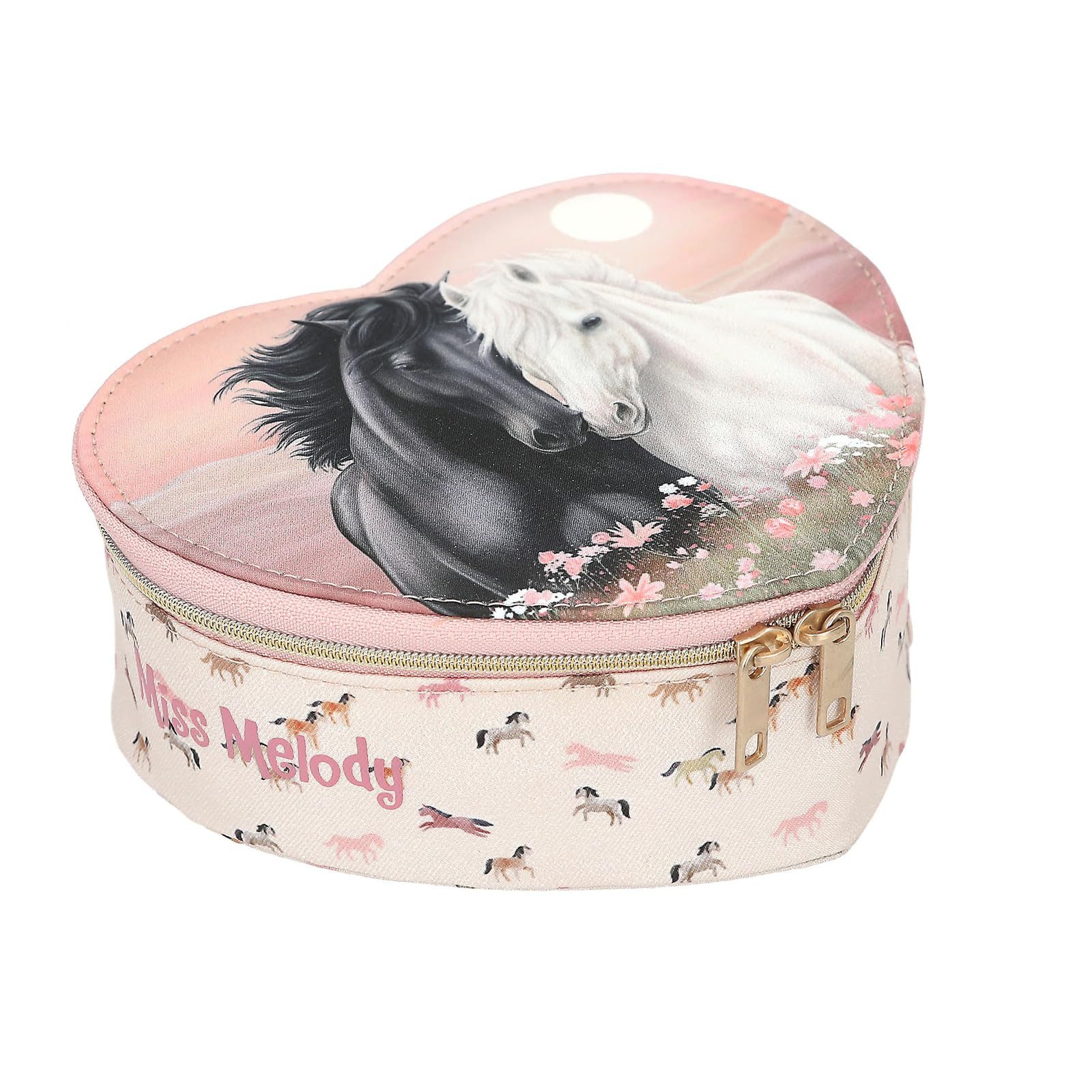 Depesche Schmuckset Mini Schmuckkästchen Herzform Rosa mit Pferde Motiv und Spiegel, Klappdeckel, Blumen- und Pferde Muster, Schmuckbox