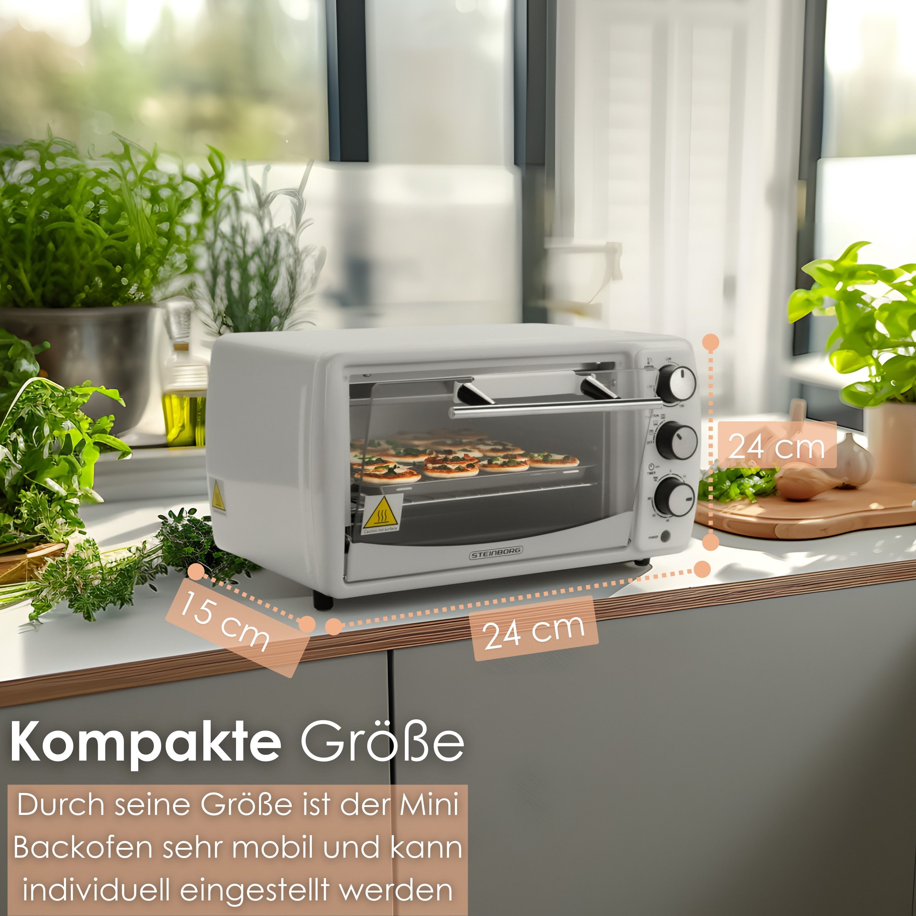 STEINBORG Minibackofen SB-3005w, 13 Liter, Großes Sichtfenster, Hitzebeständiges Gehäuse, 1200 Watt