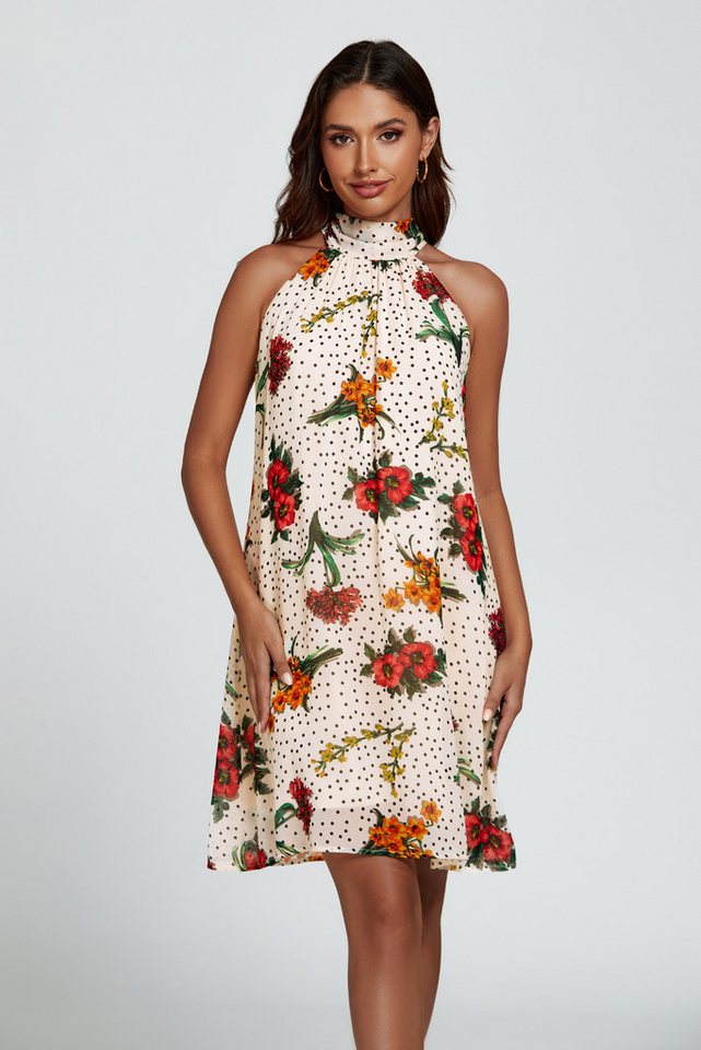FS Collection Minikleid Damen Minikleid Neckholder Sommerkleid mit Bindeband (XS (EU:36 / UK:8) · S (EU:38 / UK:10) · M (EU:40 / UK:12) · L (EU:42 / UK:14) · XL (EU:44 / UK:16), 8 Farben) Neckholderdesign, Bindeband am Rücken, lockerer Fall, Allover-Druck
