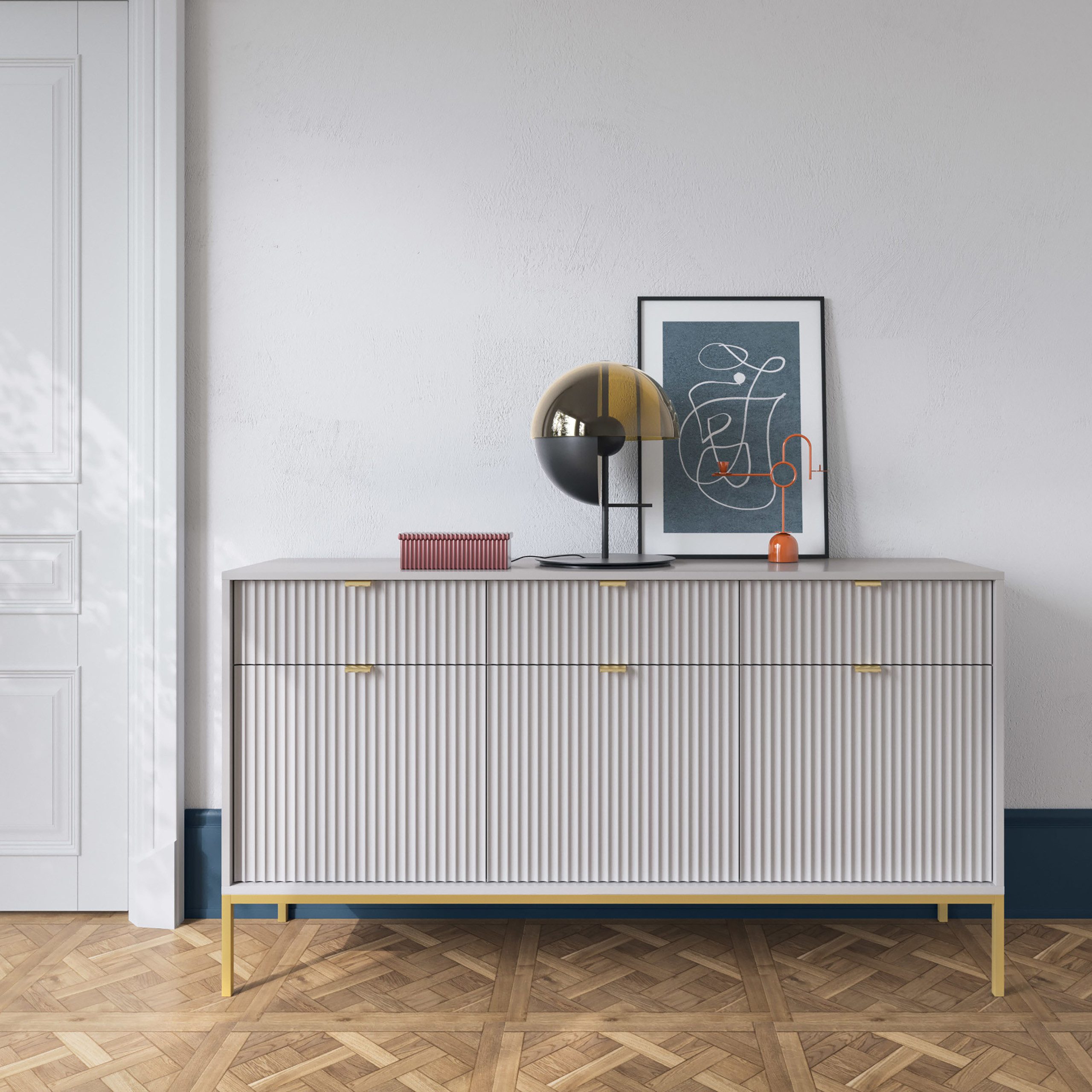 Masseno Kommode STELLARE 154 cm Sideboard mit 3 Schubladen und 3 Türen Grau