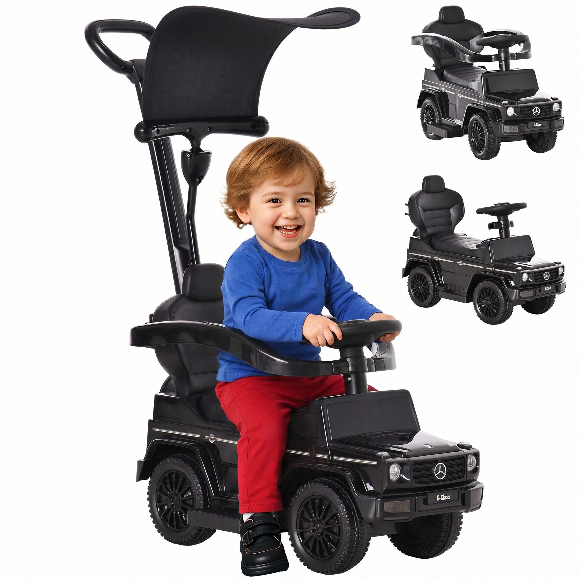 HOMCOM Rutscher Rutschfahrzeug mit Lenkrad, Kinderfahrzeug mit Hupe Fußstütze, (Rutschfahrzeug, 1-tlg., Rutschauto mit Schiebstange), für Kinder von 18 bis 36 Monaten Schwarz