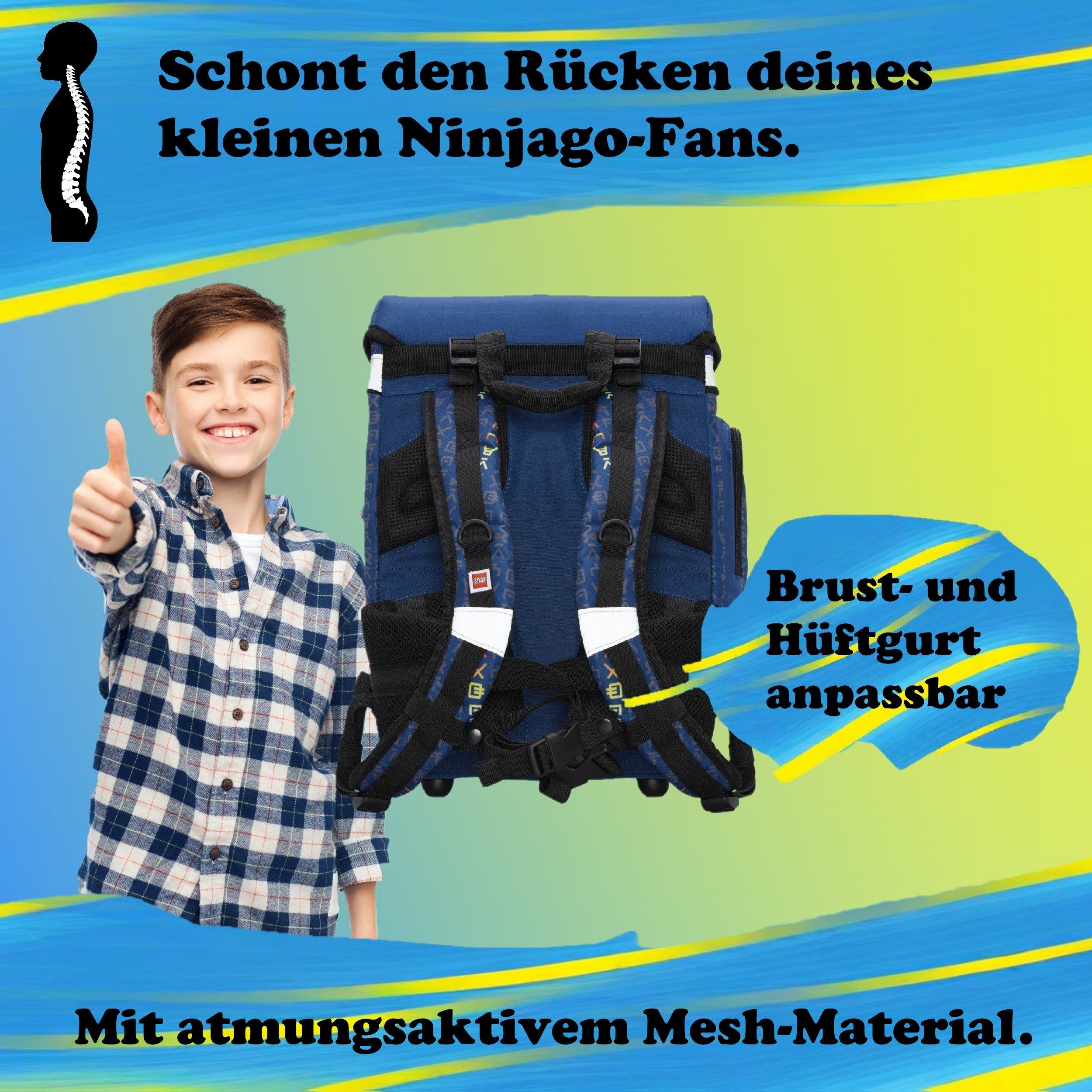 LEGO® Bags Schulranzen Lego Ninjago Einschulungs-Set "Explorer" mit gefüllter Federmappe (Set, 6-tlg., mit Schlamper, Turn- & Geldbeutel), ab der 1. Klasse, Ergonomisch, 16L Volumen, wasserabweisend