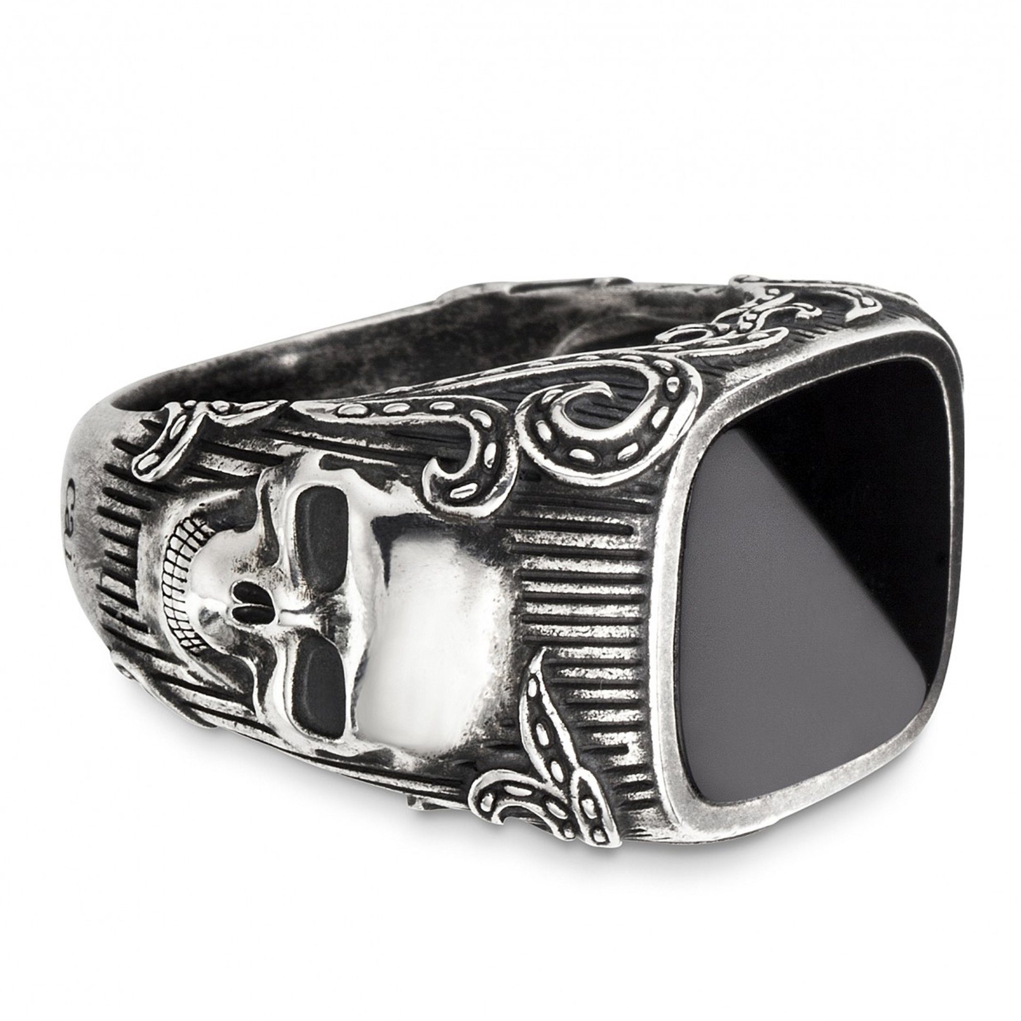 Fingerring Silber 925 oxydiert mit Totenkopf-Motiv und schwarzem Onyx