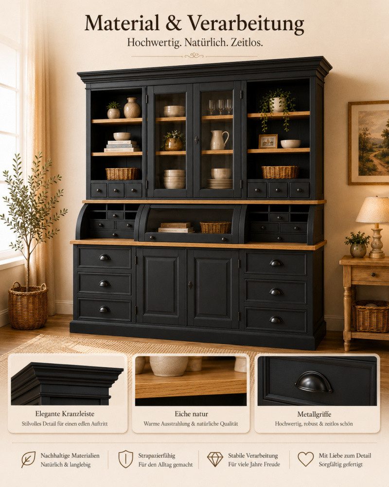 Wohnpalast Buffet Landhaus Buffet Schrank Malta Ladenschrank schwarz mit Eiche 200 cm